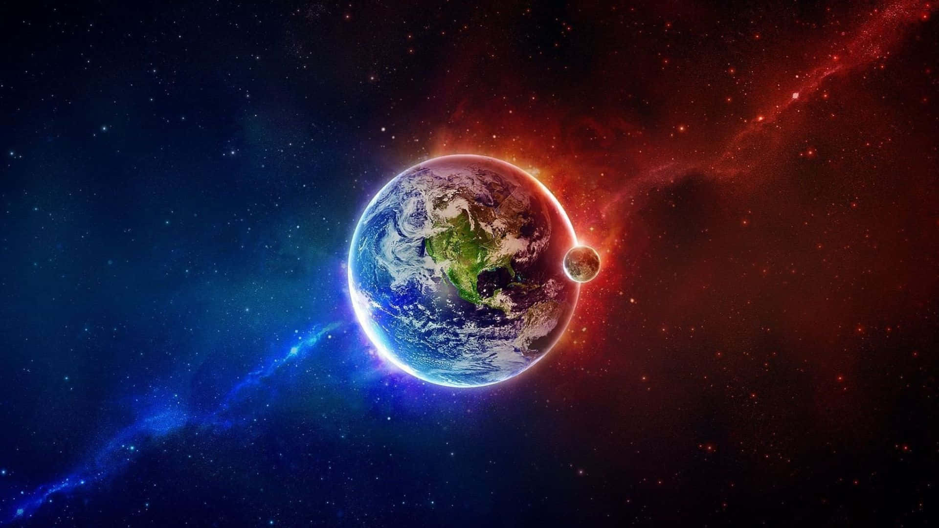 3d Earth 桌布 壁紙 — 地球在紅色和藍色星雲及遙遠恆星的宇宙背景下，散發著充滿活力的藍色和綠色光芒。