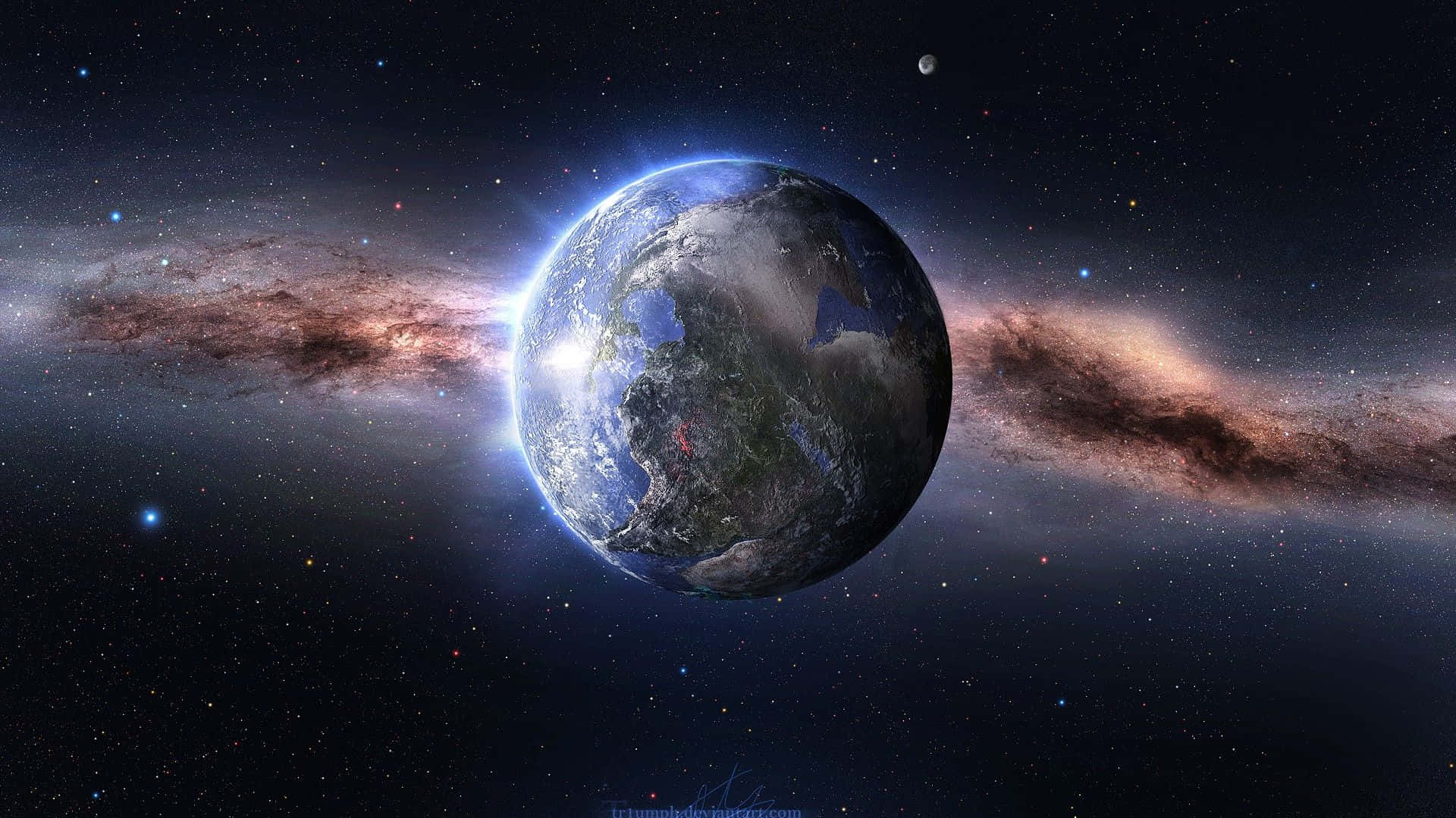 Cool Space 桌布 壁紙 — 地球在繁星點點的宇宙背景下閃耀著藍色海洋和綠色大陸，背後有一條發光的銀河拱起。