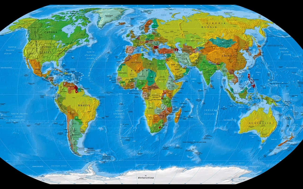 詳細的世界地圖，顯示大陸和海洋，並附有國家邊界和標籤。