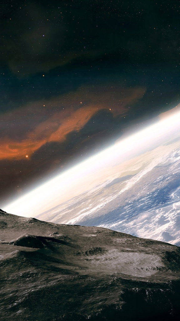 月球景觀，地球在星空背景下以多彩的日落光芒升起。