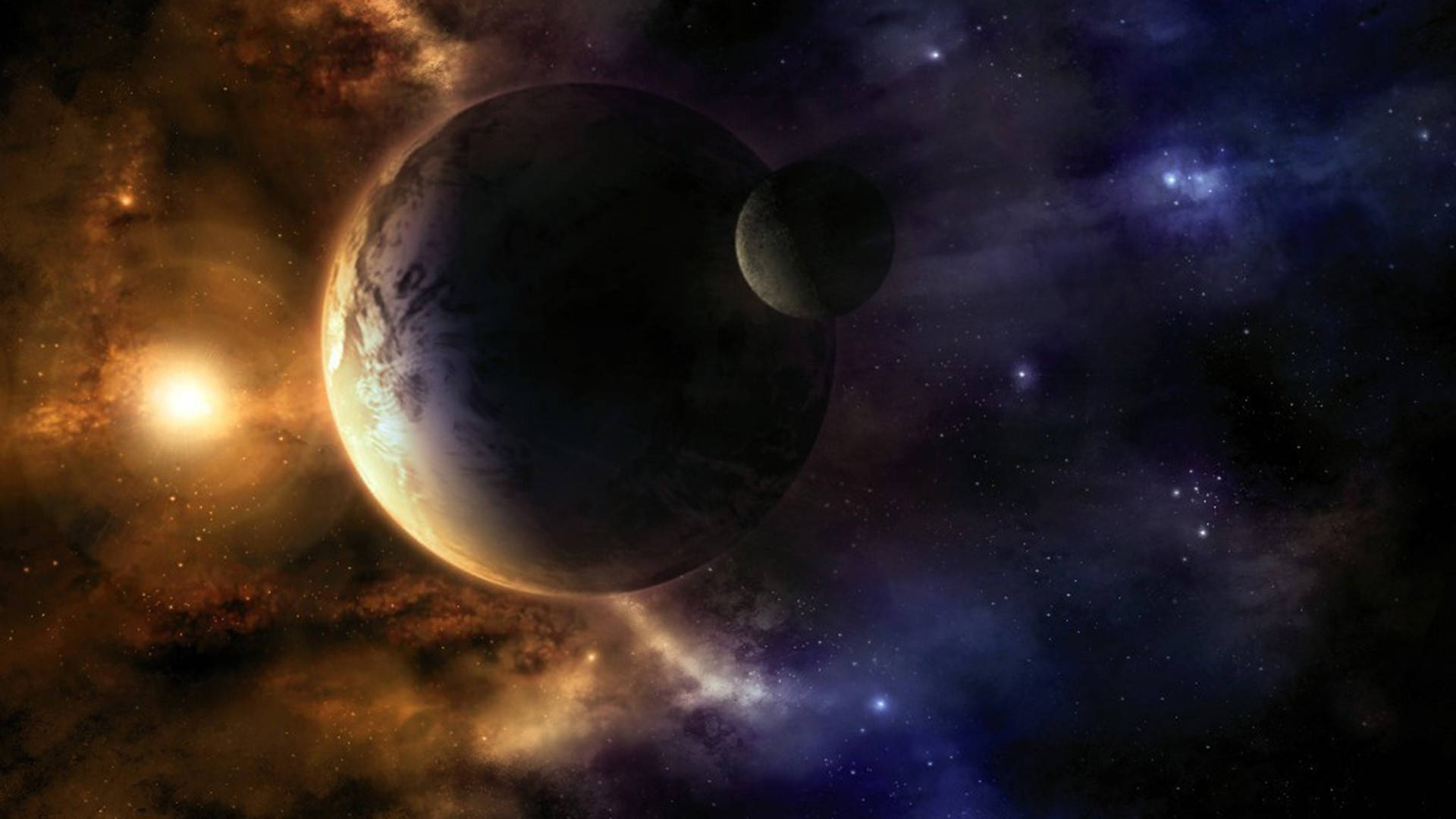 地球夾在太陽與月亮之間 壁紙 — 一顆雄偉的行星，背後有發光的太陽，一顆較小的衛星在充滿活力的宇宙星雲中運行。