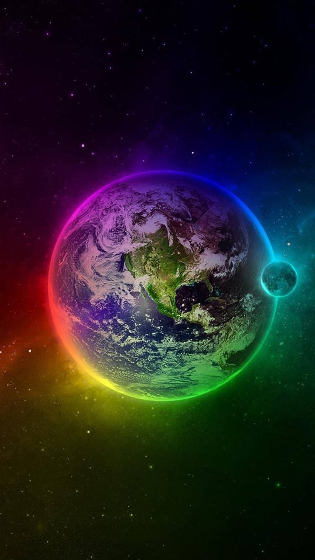 地球在太空中被發光的彩虹光環環繞，伴有星星和一輪小月亮。