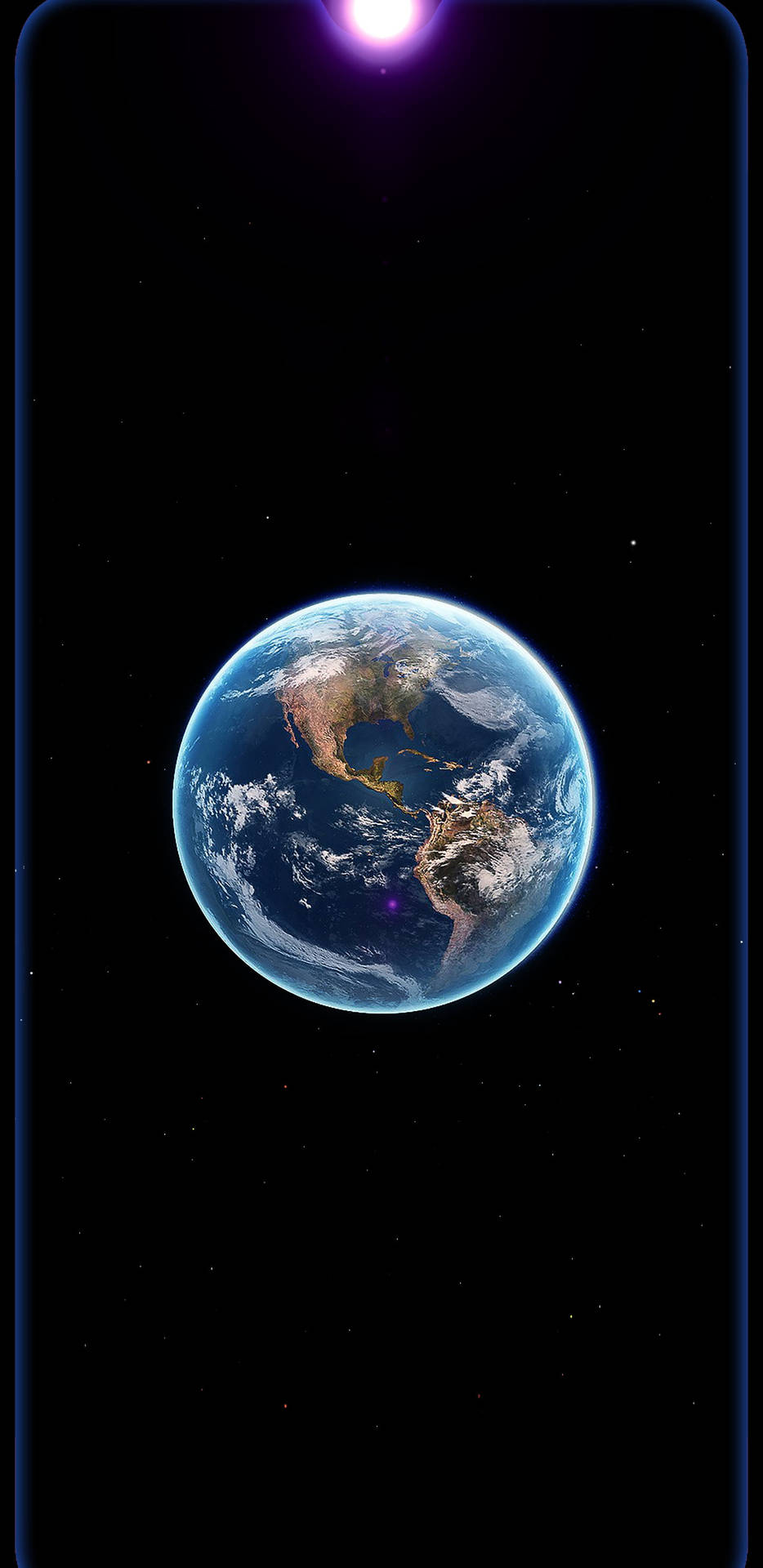 從太空看到的地球，帶有發光的紫色太陽和星空背景。
