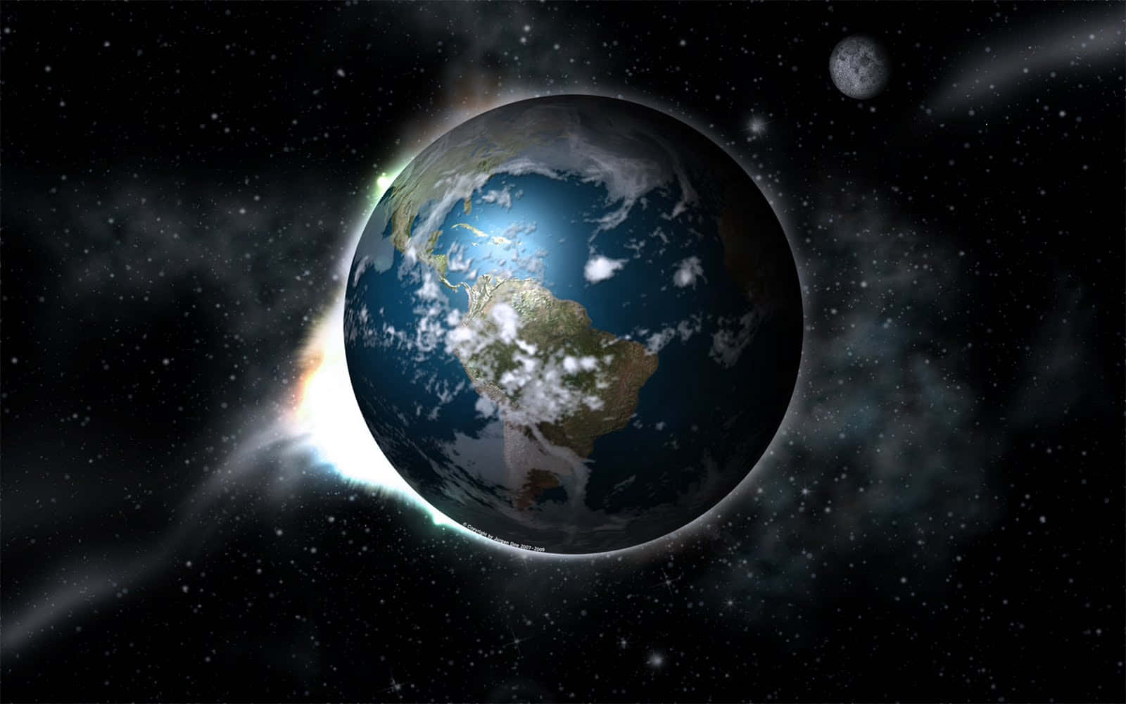 3d Earth 桌布 壁紙 — 地球散發藍色海洋和白色雲朵的光芒，陽光穿透其大氣層，背景是繁星點點的宇宙和遠處的月亮。