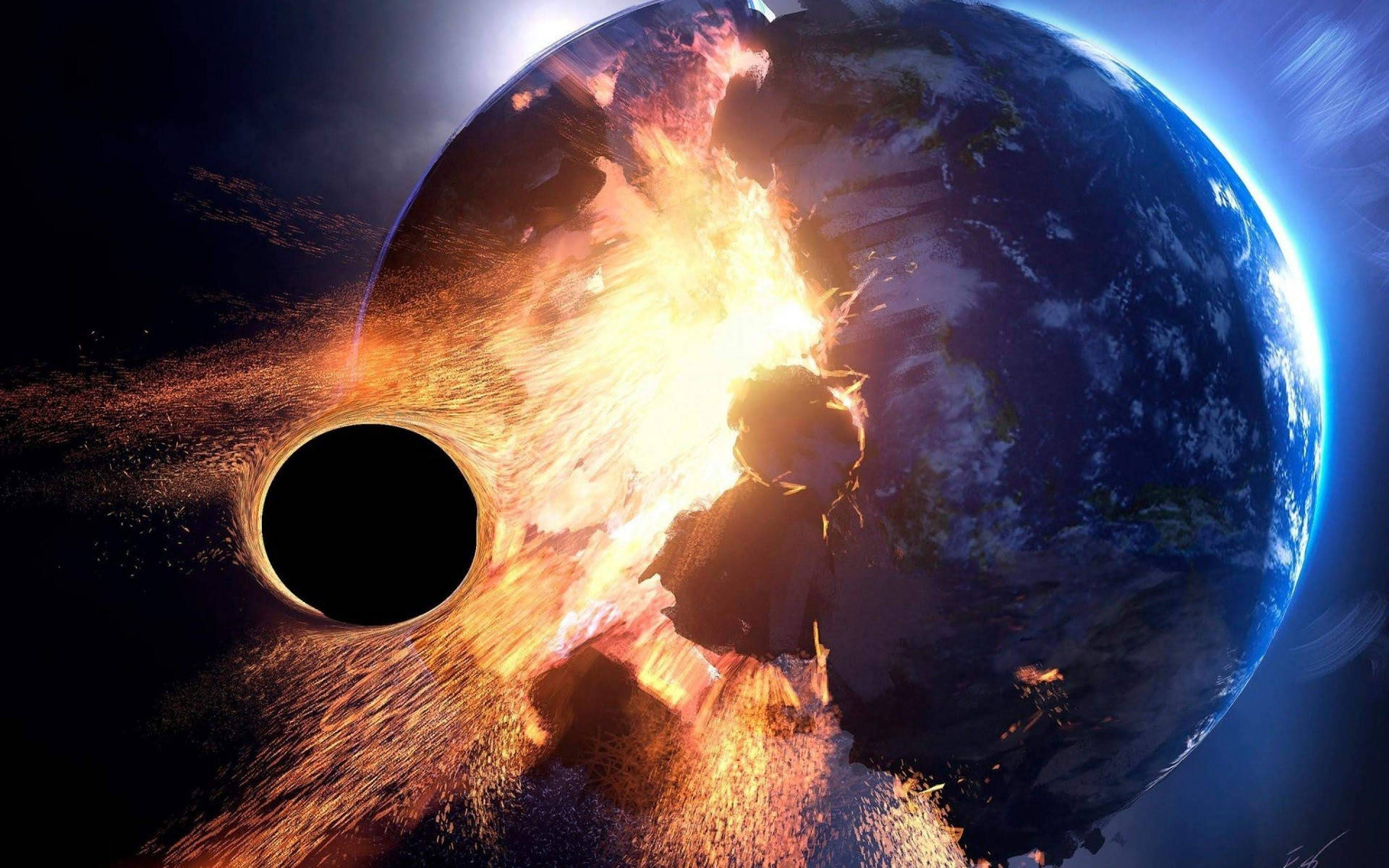 行星爆炸成火焰，黑洞在太空中吞噬它