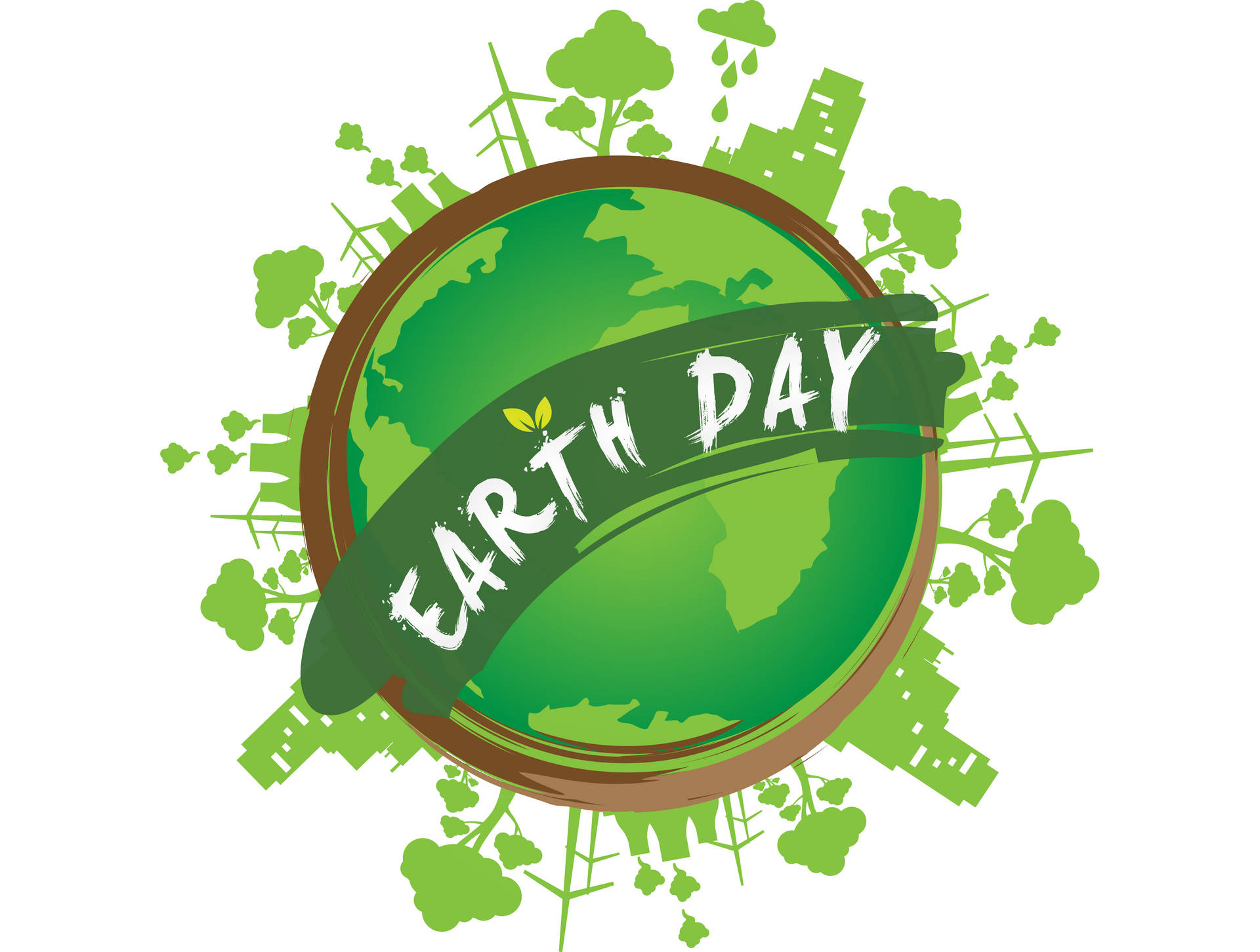綠色Earth Day標誌，包含樹木、風力渦輪機和城市景觀元素。