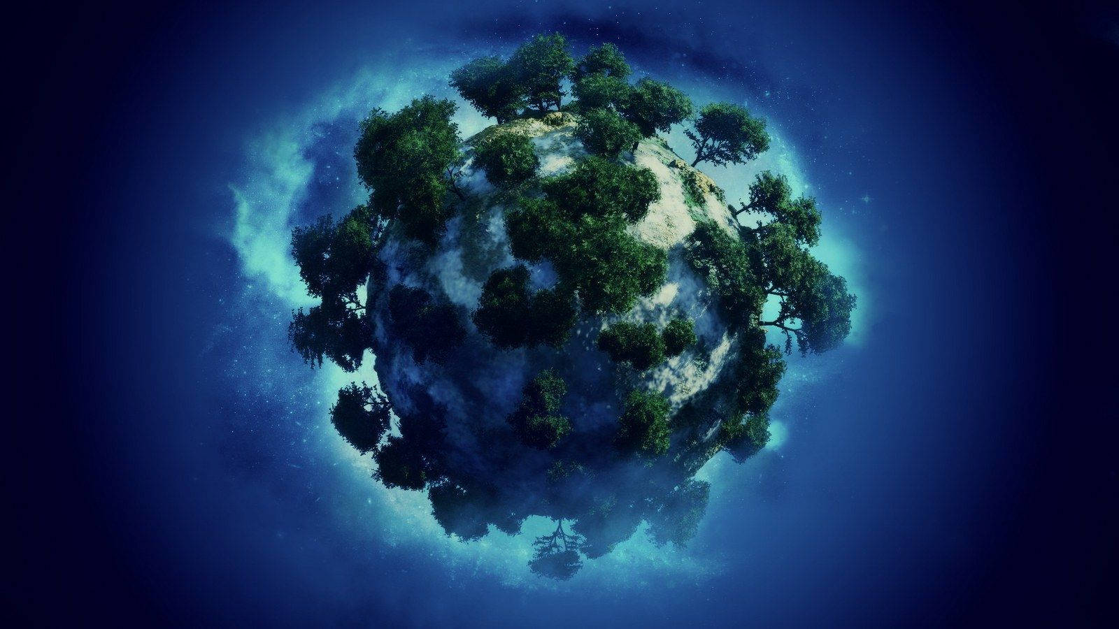 在繁星點點的宇宙藍色虛空中，漂浮著樹木的星球。