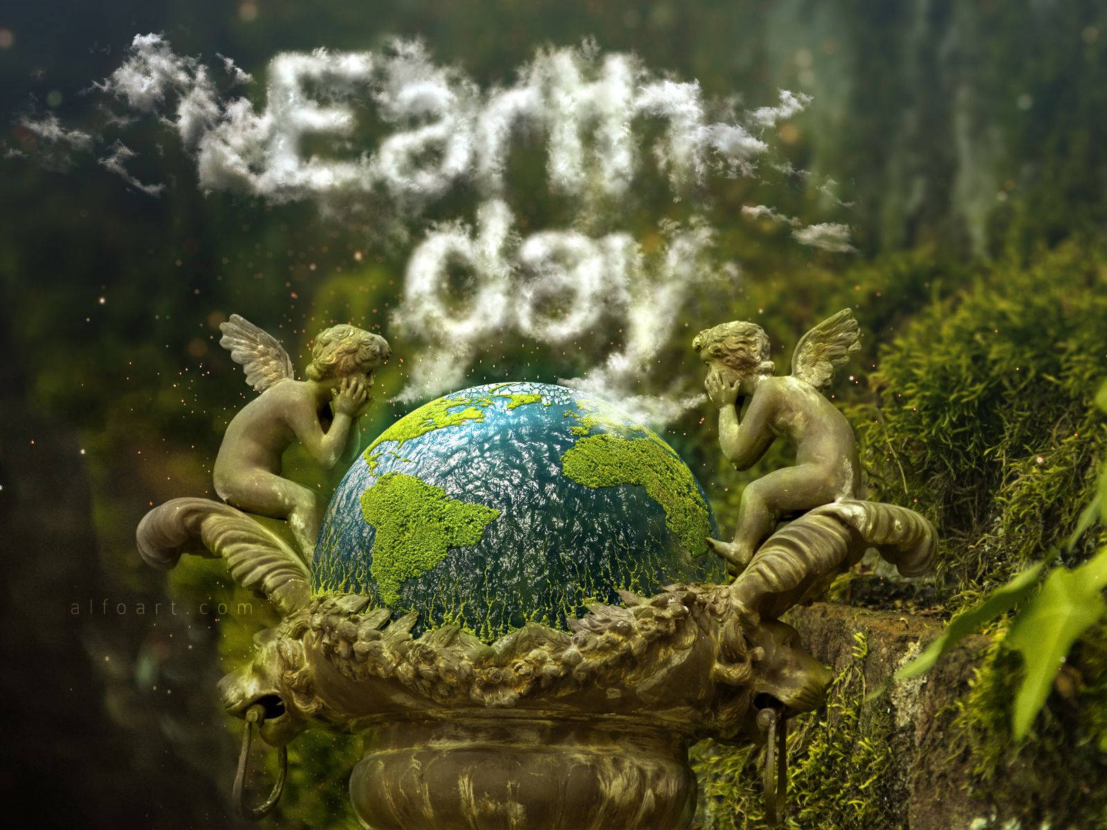 兩個小天使雕像守護著一個長滿青苔的地球儀，雲朵中寫著「Earth day」。