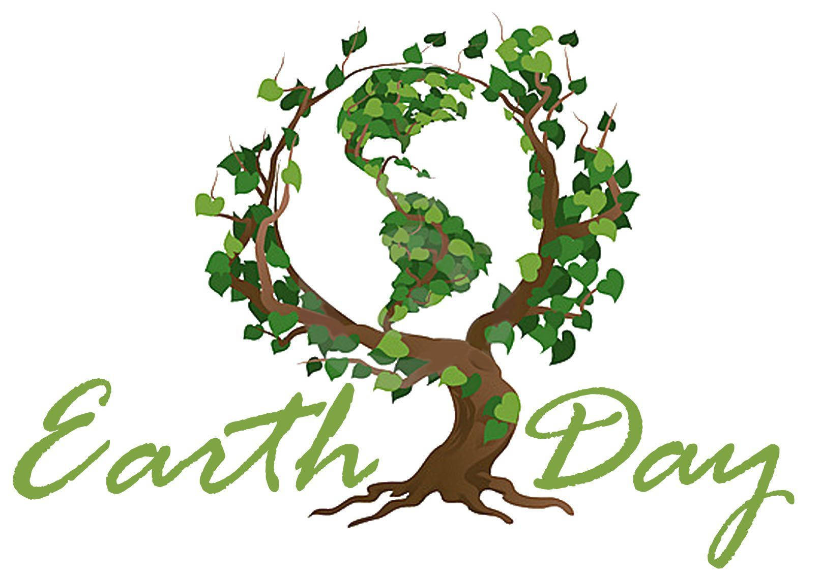 樹枝形成地球形狀，帶有綠葉和Earth Day文字。