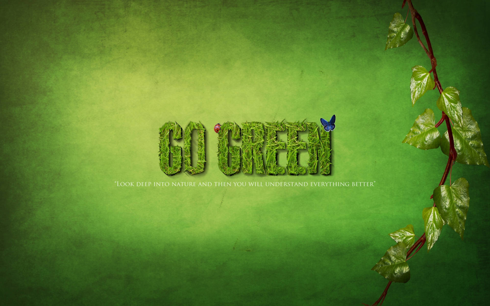 綠色草文字「GO GREEN」，帶有瓢蟲和蝴蝶，背景為帶有常春藤藤蔓的紋理背景。