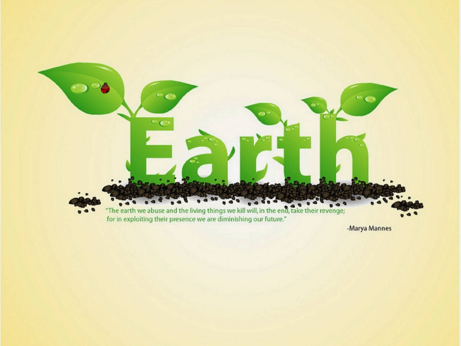 綠色嘅葉從Earth嘅字母中長出，一塊葉上有瓢蟲，下面有引用句子。