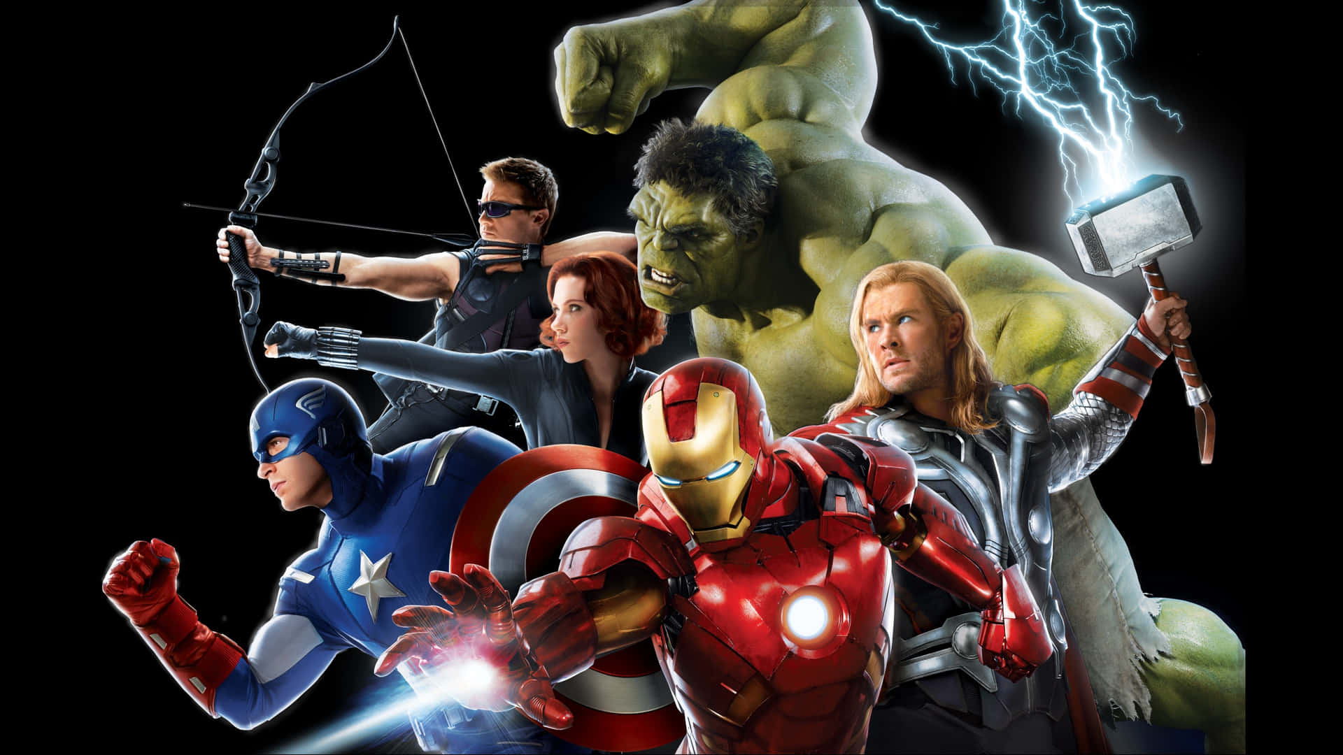 一群超級英雄，包括Hulk、Thor、Iron Man、Captain America、Black Widow和Hawkeye，擺出動作姿勢。