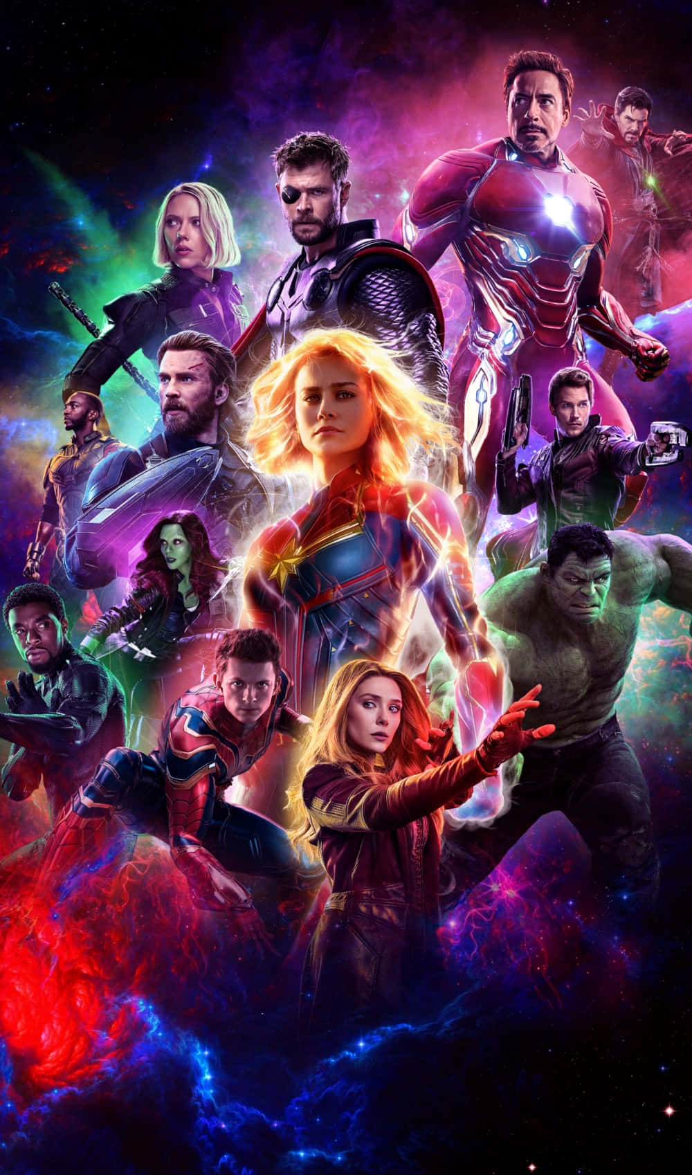 Marvel 超級英雄團隊在宇宙空間中擺姿勢，帶有發光能量效果。