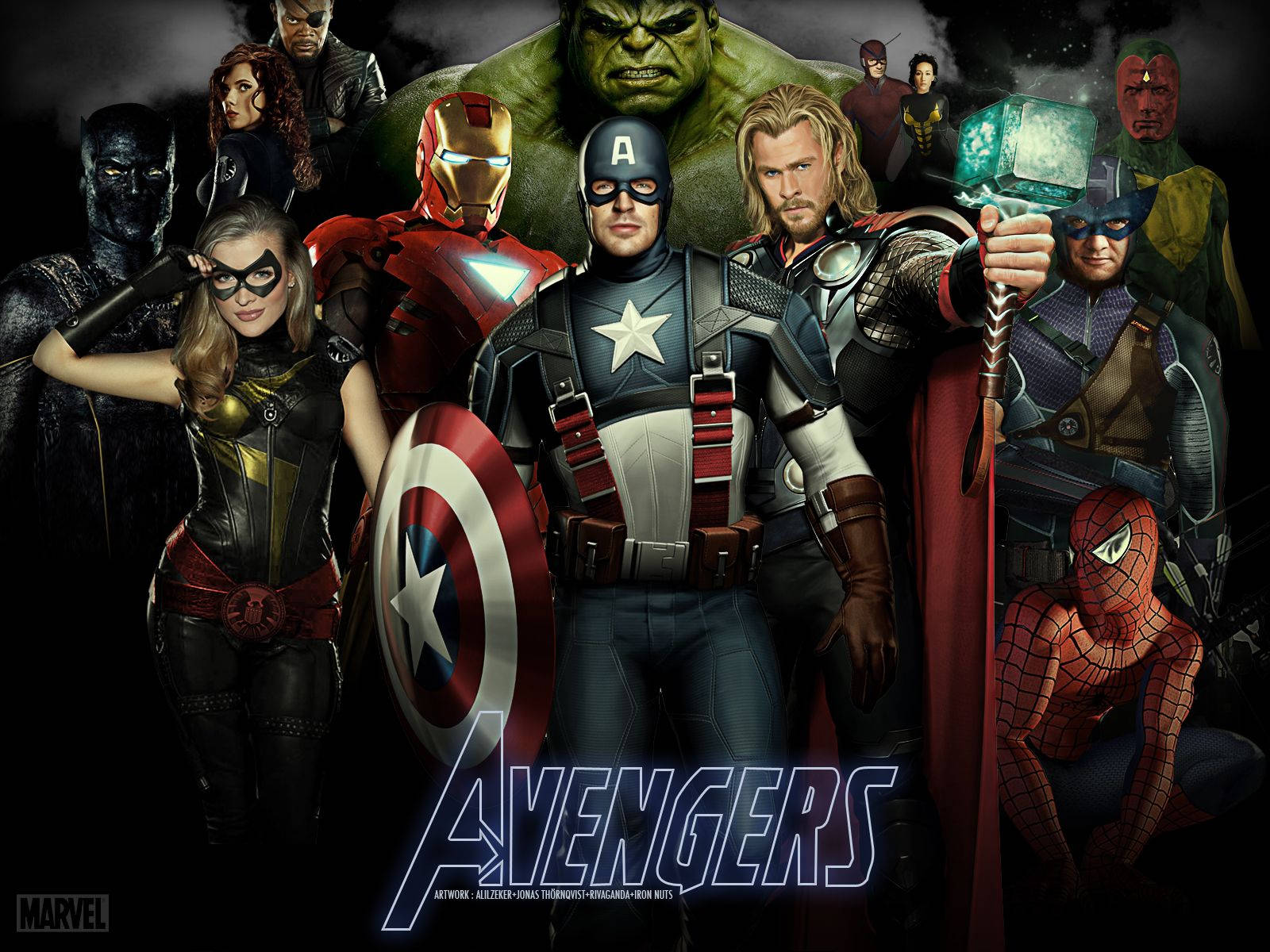Marvel復仇者聯盟的超級英雄團隊以英雄姿勢站在一起。 — 復仇者聯盟 壁紙