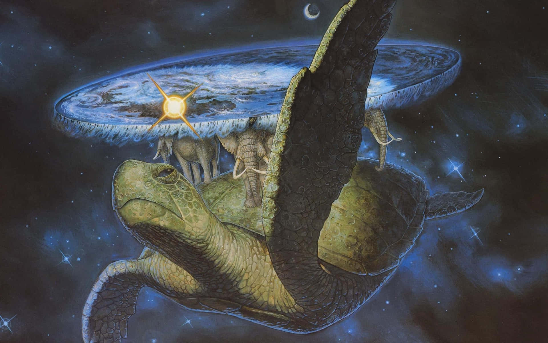 一隻有翅膀的巨龜背著大象穿越星光閃爍的宇宙天空，天空中有發光的太陽。