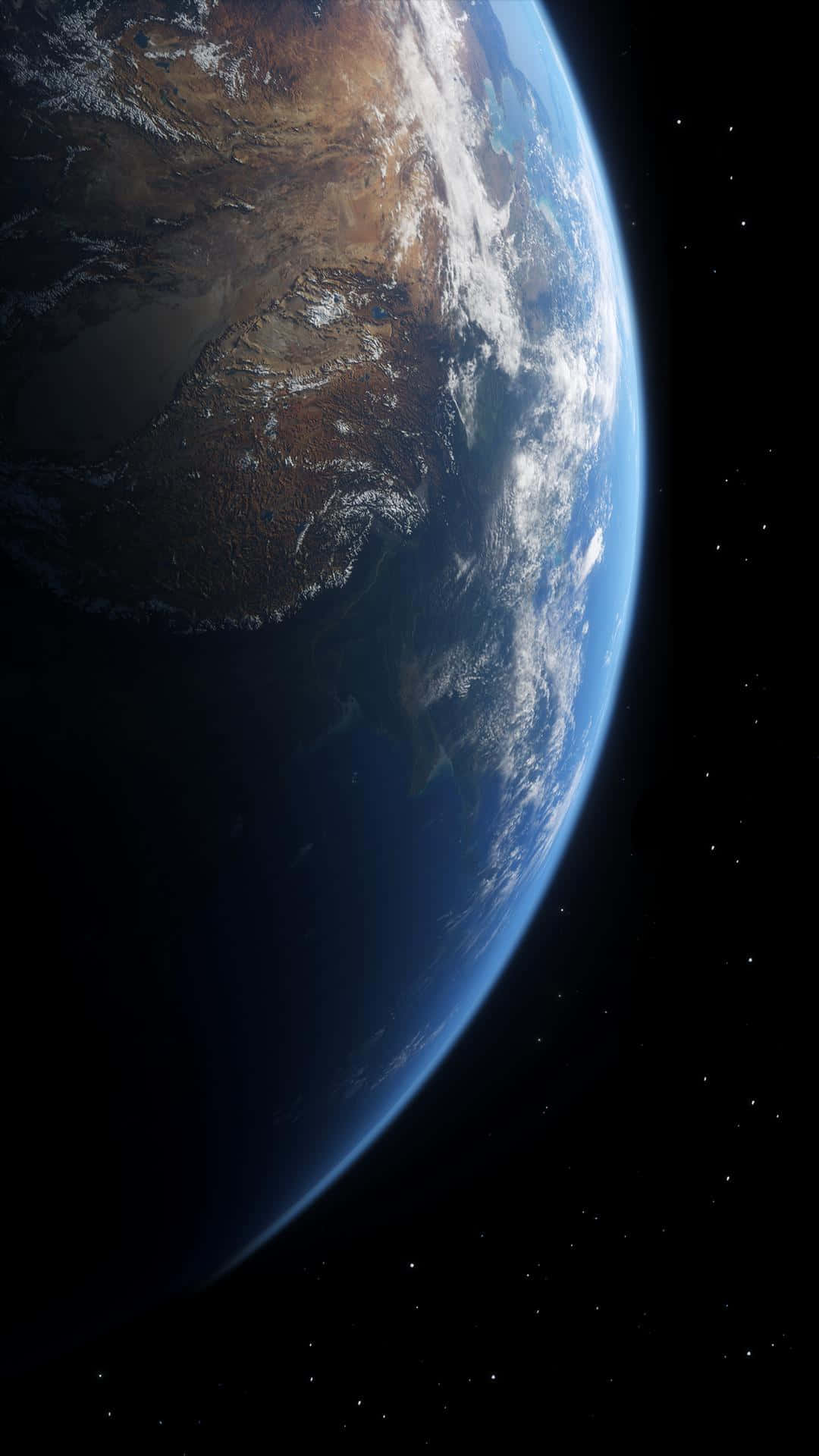 地球特寫肖像背景 壁紙 — 從太空俯瞰地球的壯麗景色，展現藍色海洋、棕色大陸和白色雲朵，背景是繁星點點的黑色虛空。