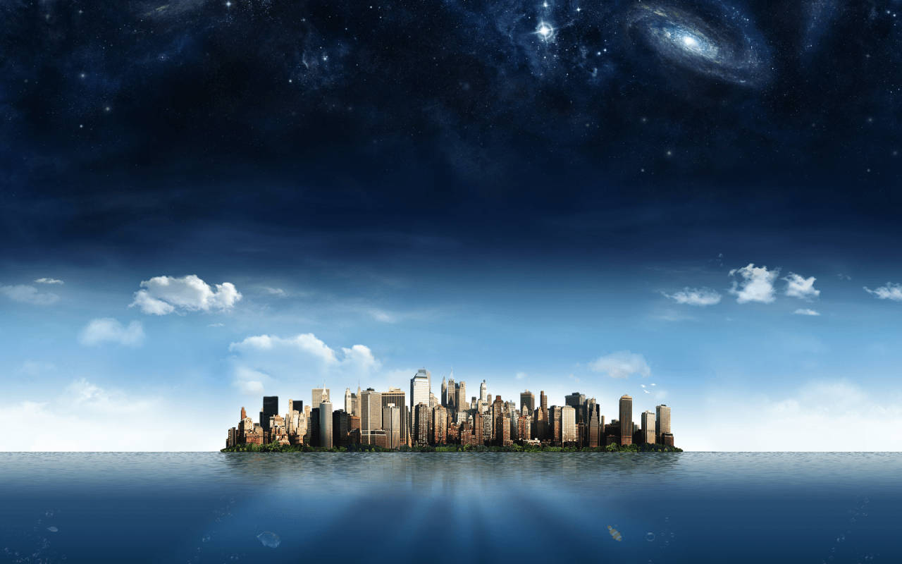 漂浮在水面上的城市，星空下可見星系。