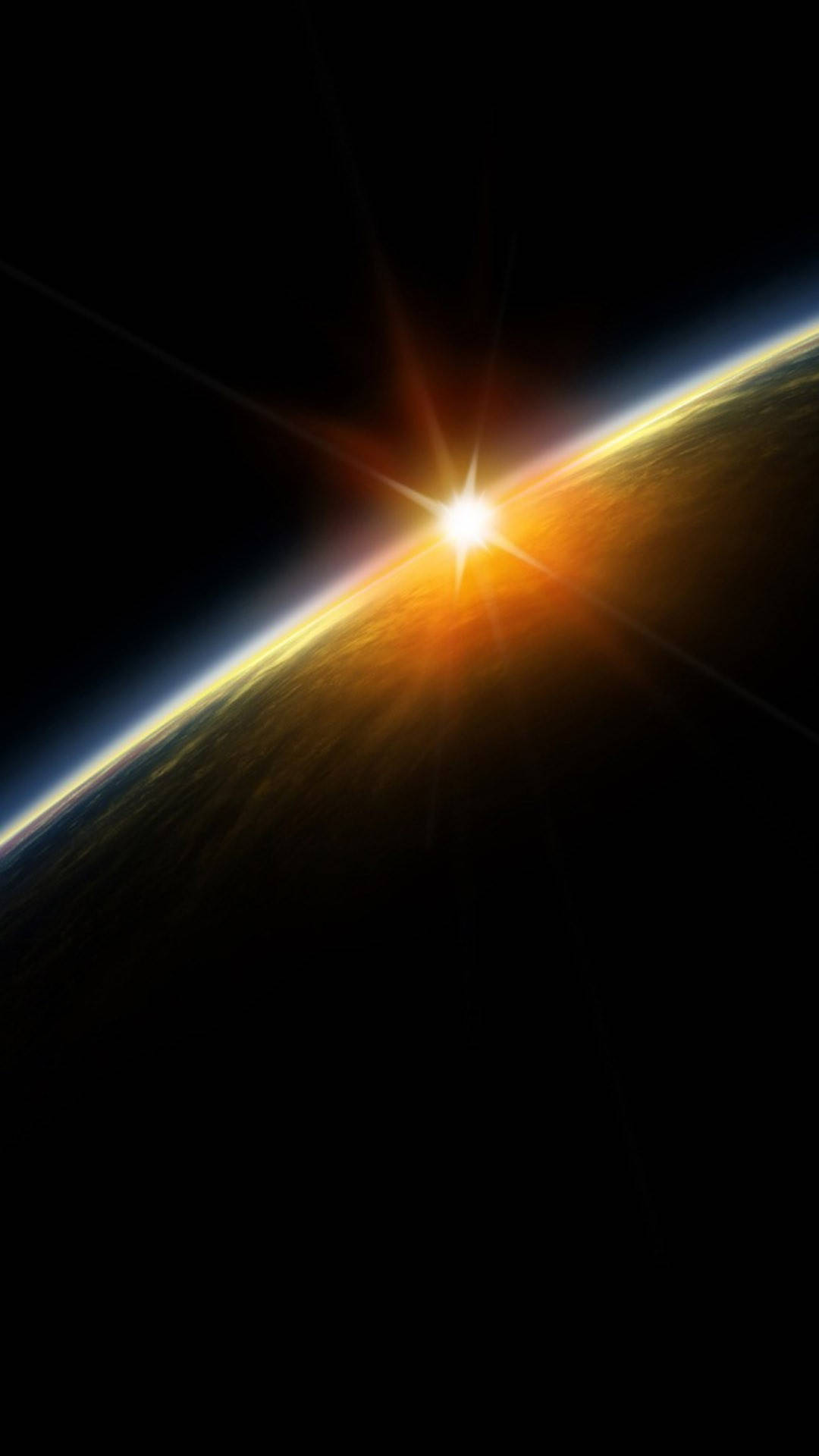 地球環繞黃光 iPhone 6 壁紙 — 一道耀眼嘅太陽光穿透行星嘅曲線，喺廣闊嘅太空黑暗中投射出金色嘅地平線。