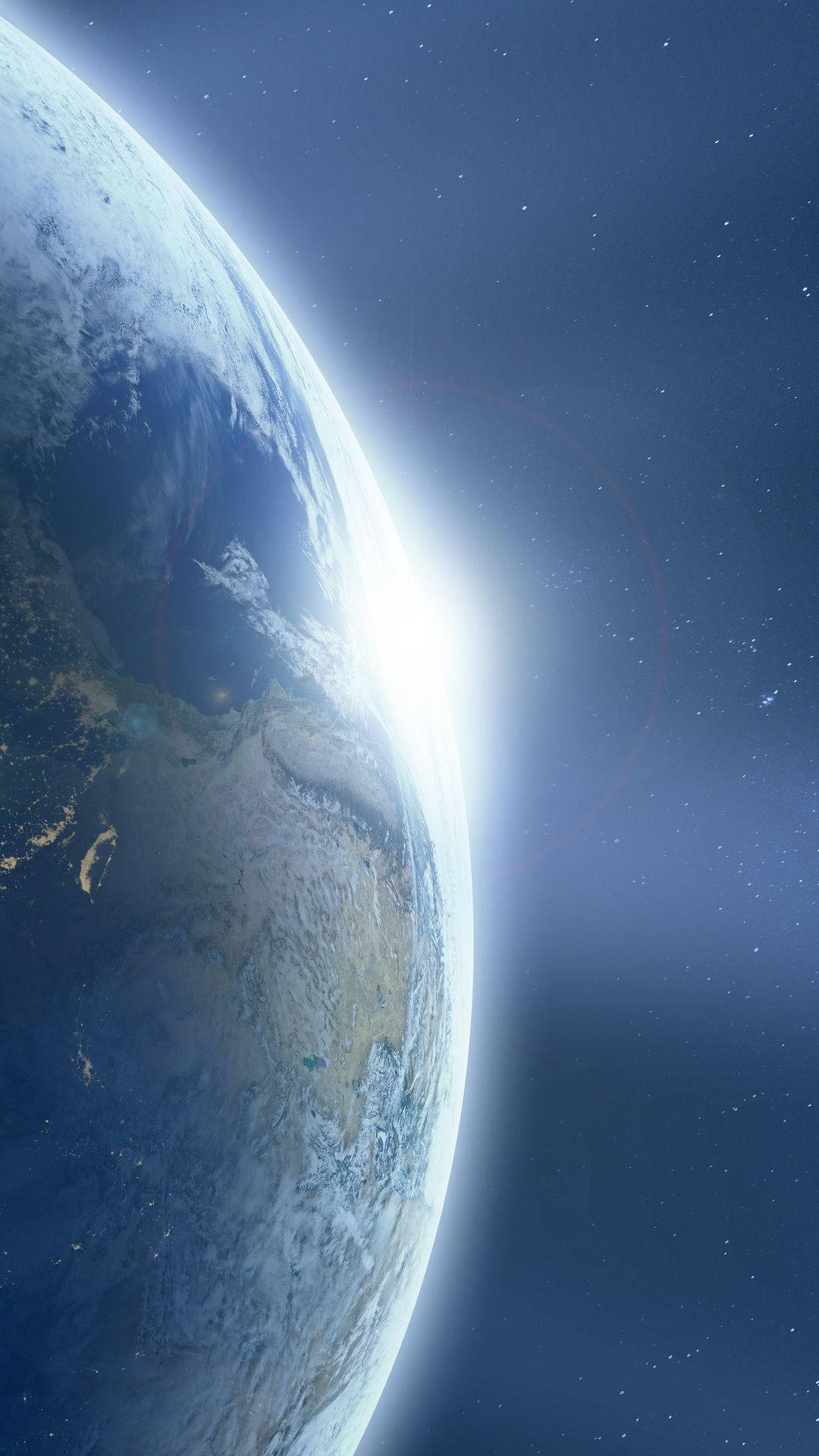地球發光 iPhone 6 壁紙 — 從太空俯瞰地球的壯麗景色，陽光照射在彎曲的地平線上，背景是繁星點點的宇宙。