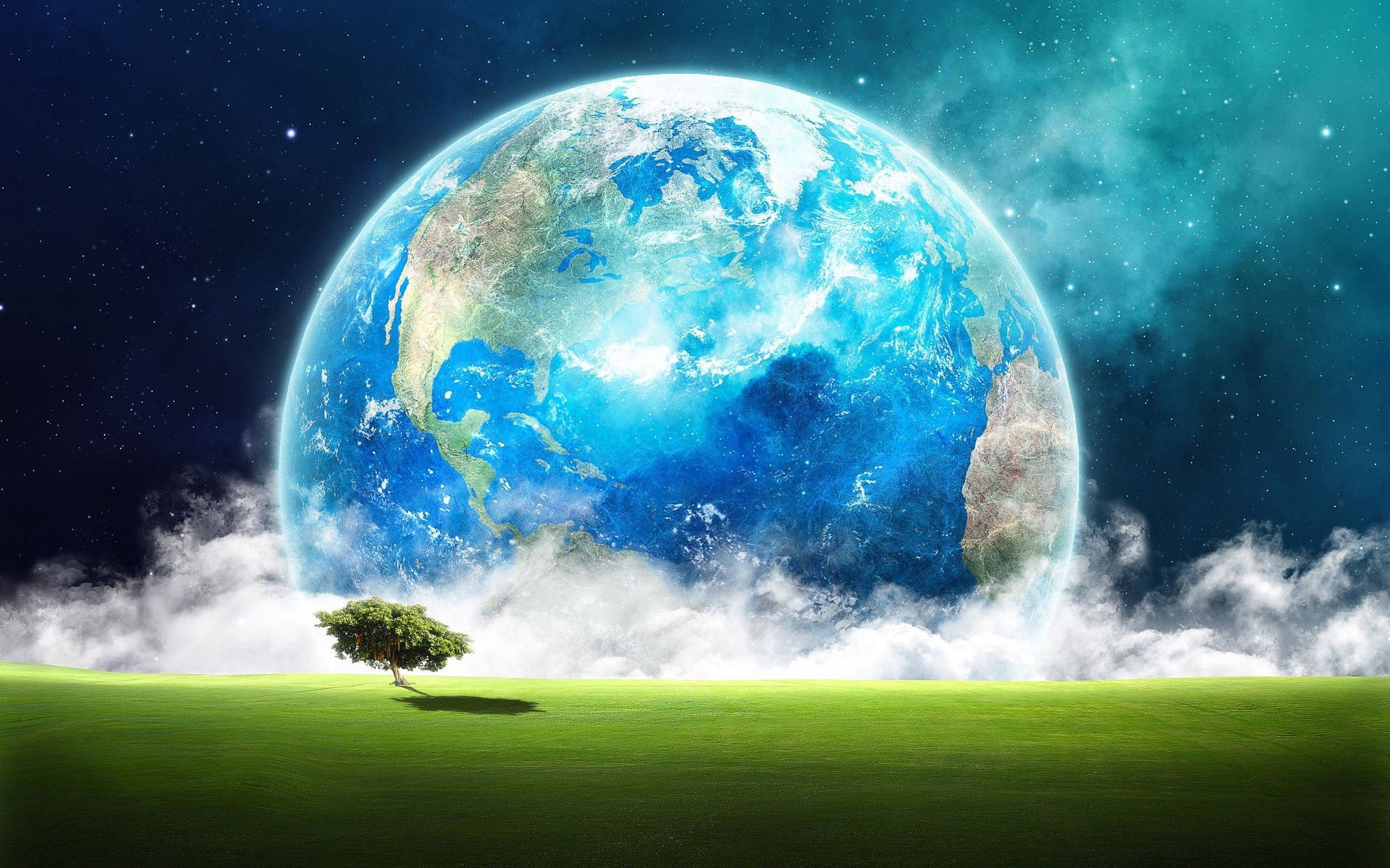 草地上的一棵孤樹，下方是太空中的巨大地球。