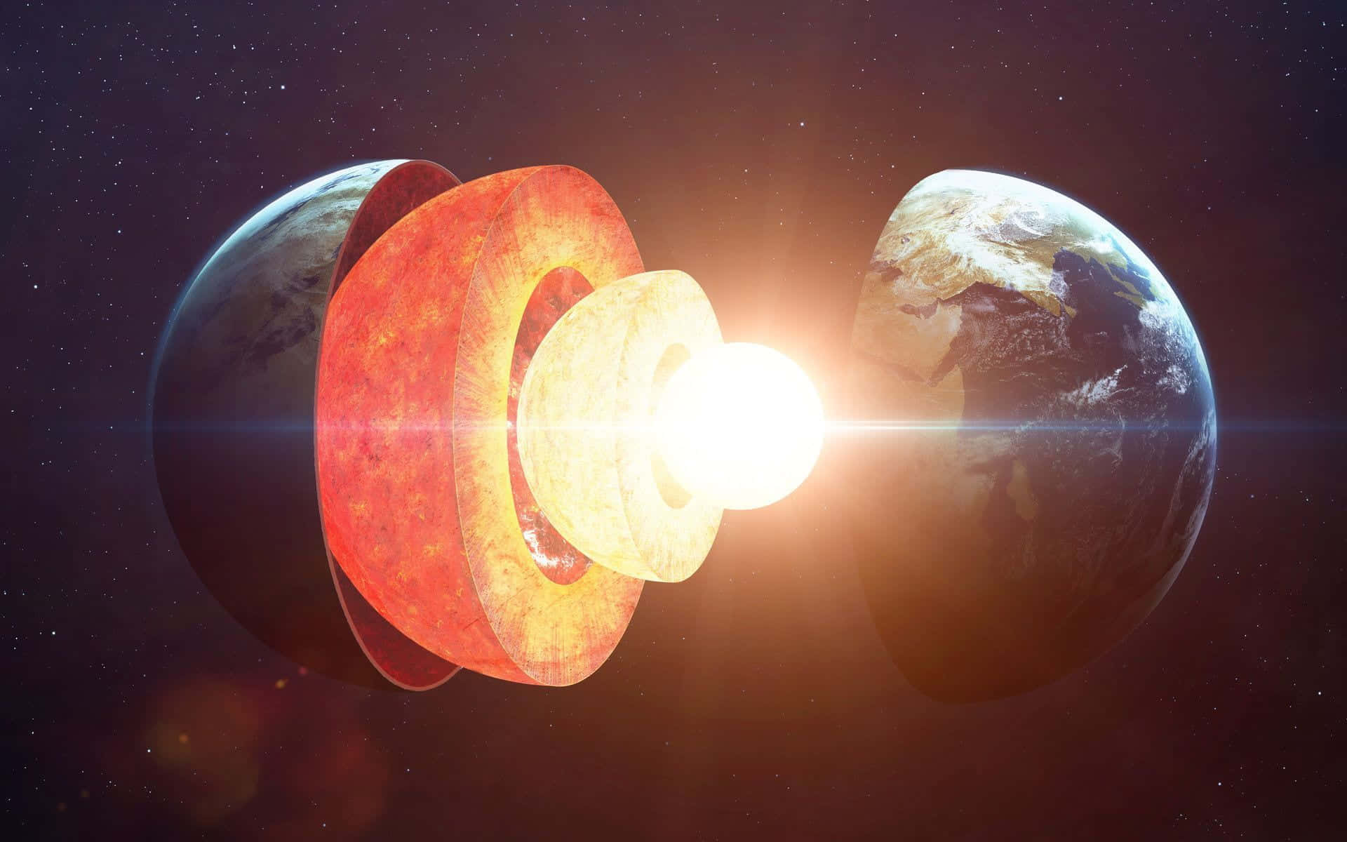 Earth Science 桌布 壁紙 — 地球的橫截面，在星光璀璨的太空背景下顯露出發光的核心層。
