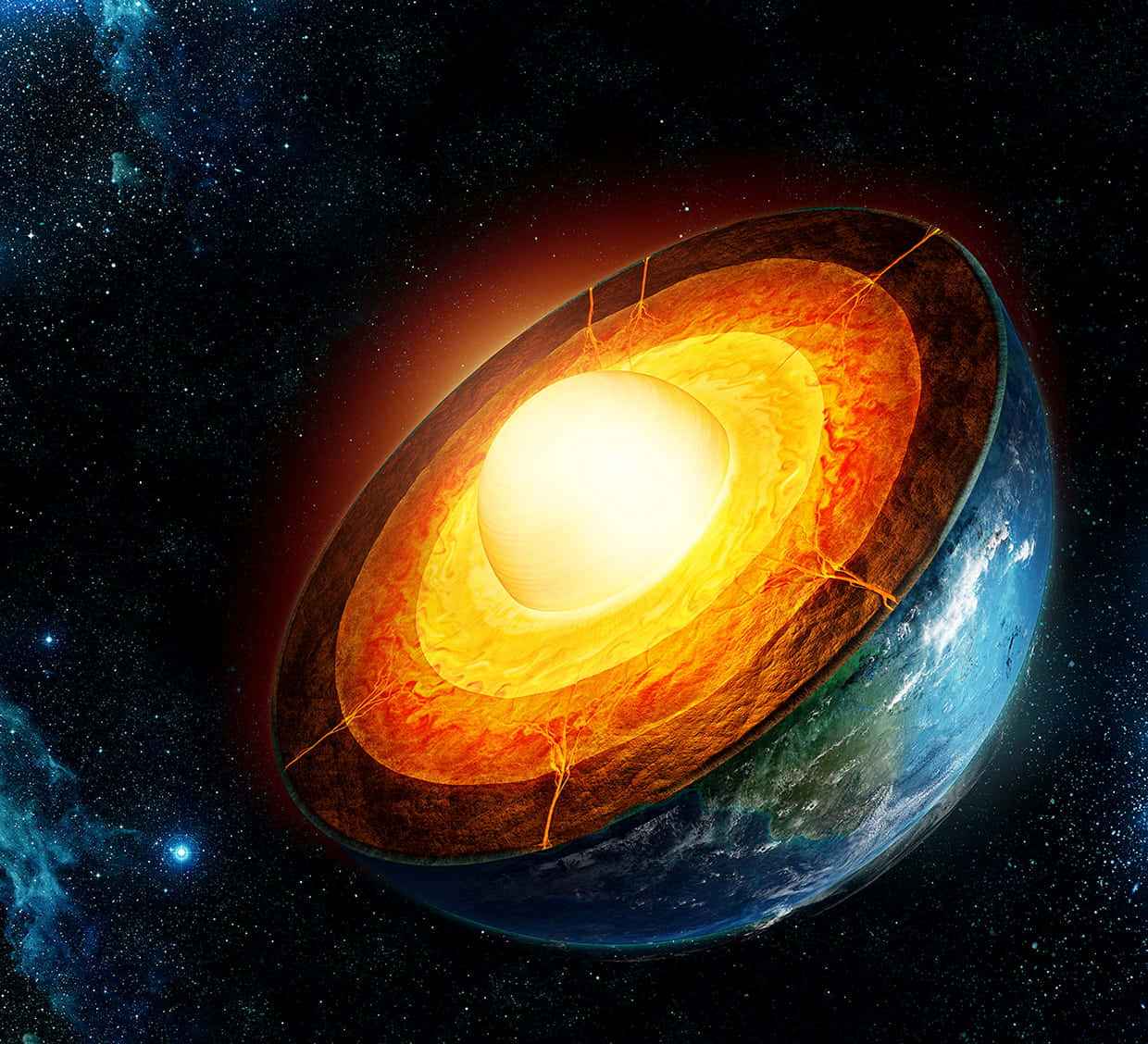 Earth Science 桌布 壁紙 — 地球的橫截面，在繁星點點的宇宙背景下揭示發光的地核、地幔和地殼。