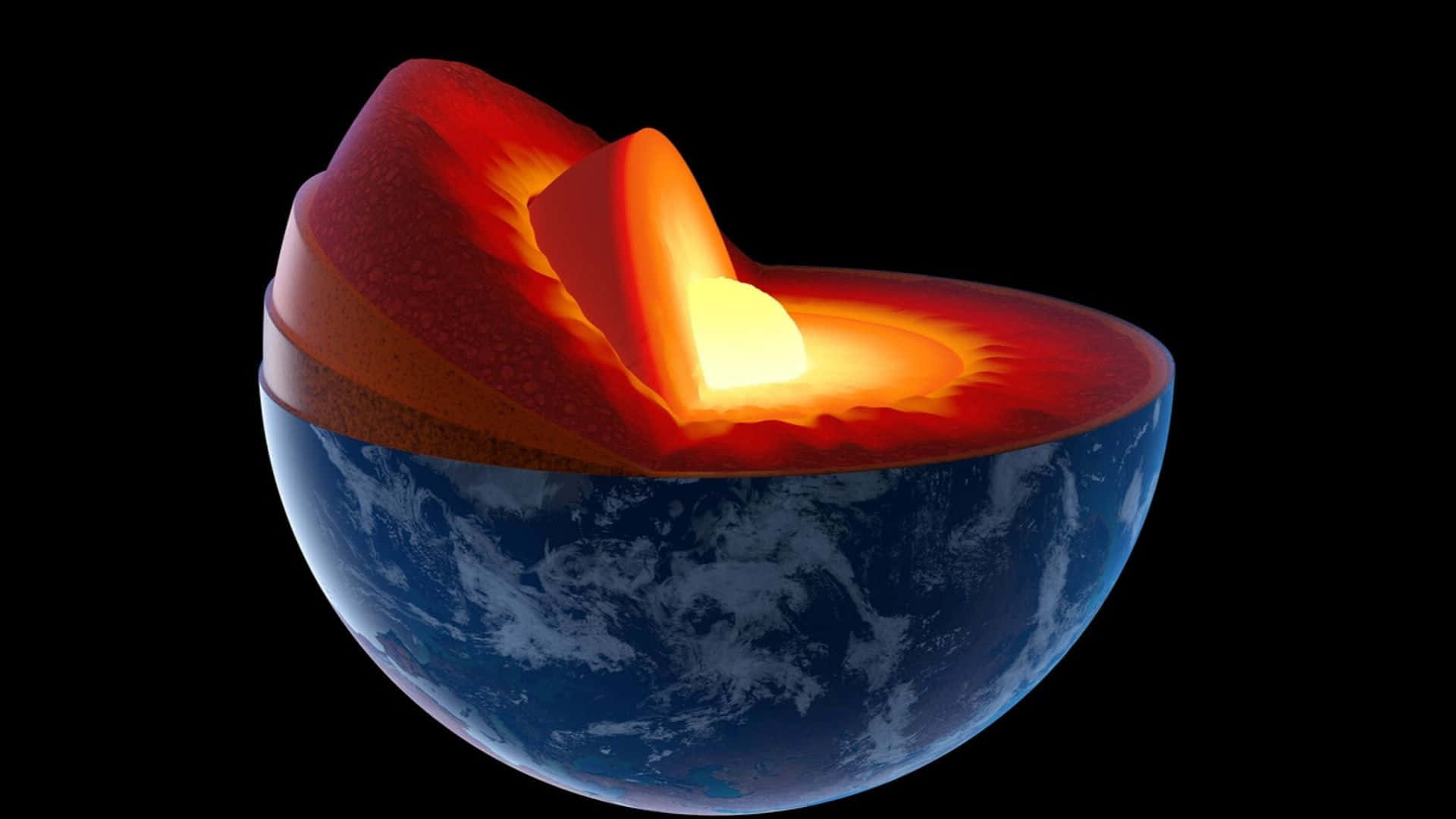 Earth Science 桌布 壁紙 — 地球的橫截面，在黑色太空背景下揭示發光的熔融核心和分層內部。