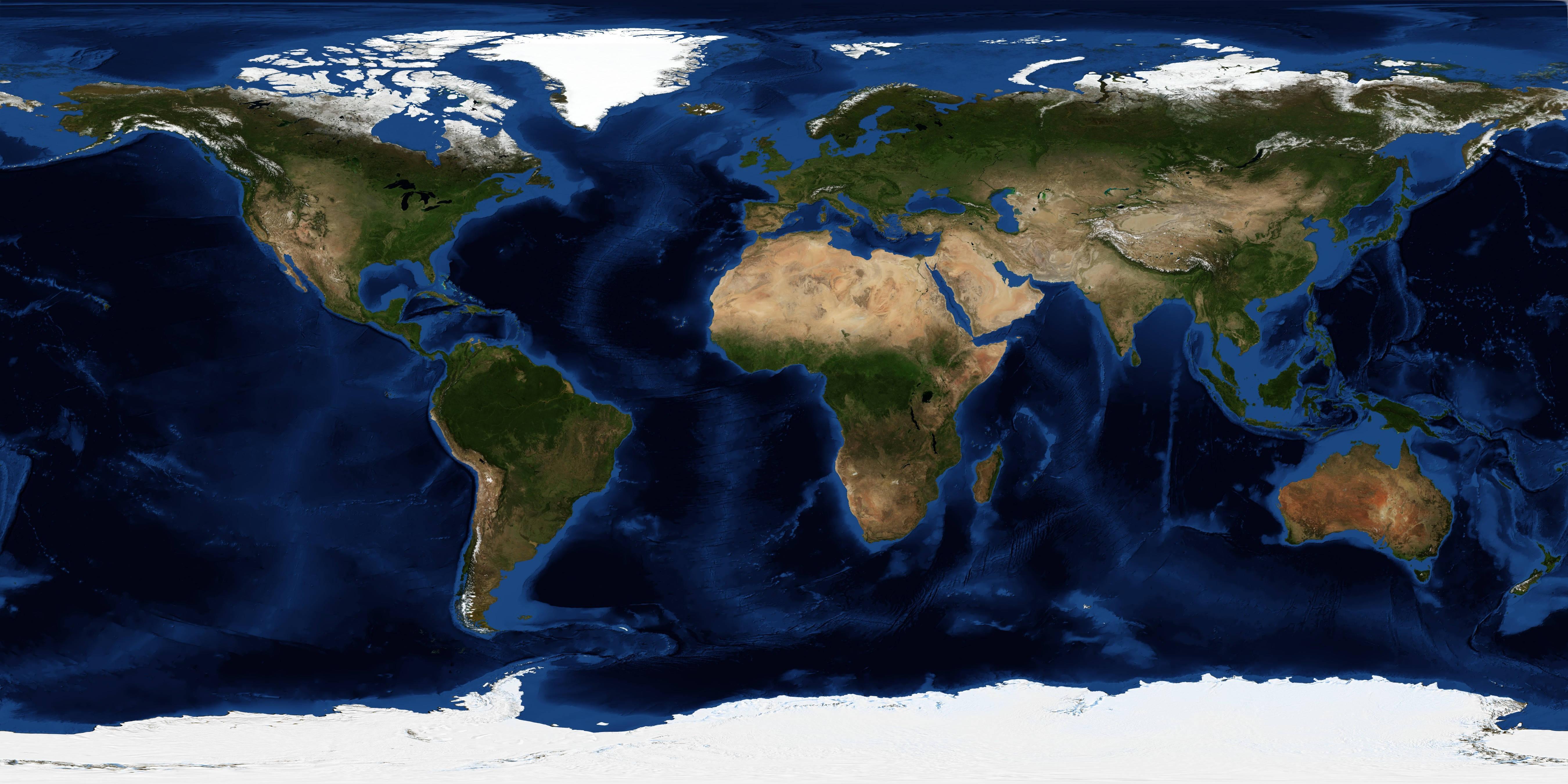 世界地圖 桌布 壁紙 — 地球的衛星視圖，生動地顯示大陸、海洋和極地冰蓋。