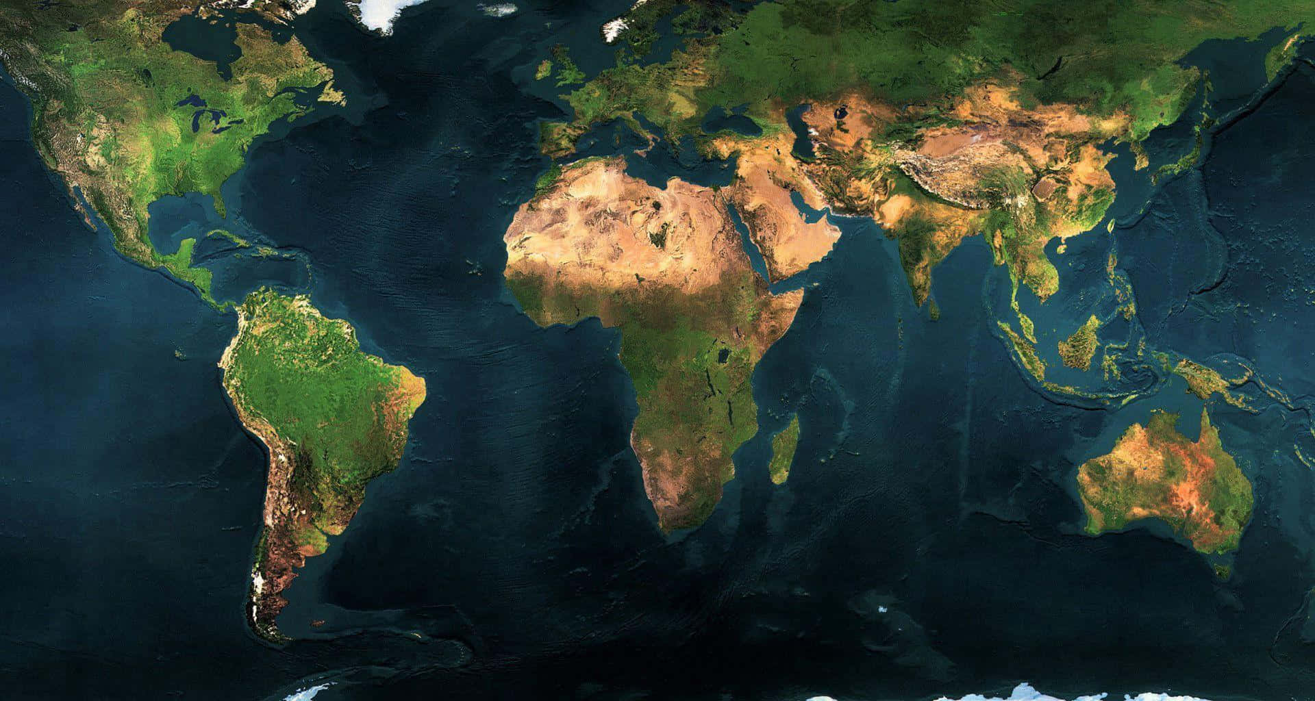 3d Map 桌布 壁紙 — 地球的衛星視圖，顯示大陸和海洋，充滿活力的綠色森林和深藍色海洋。