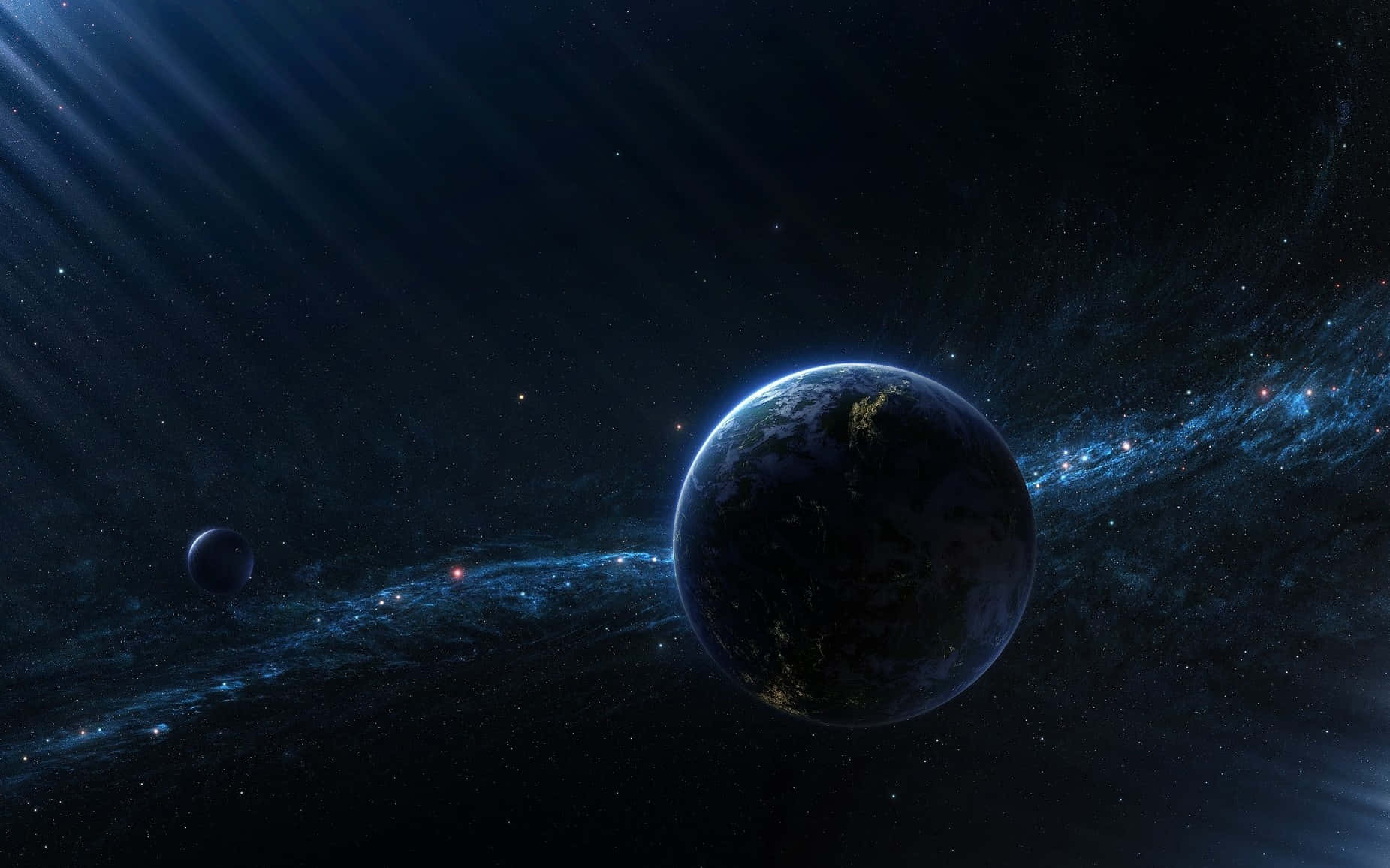 在太空中的行星，靠近恆星和星系，帶有發光的城市
