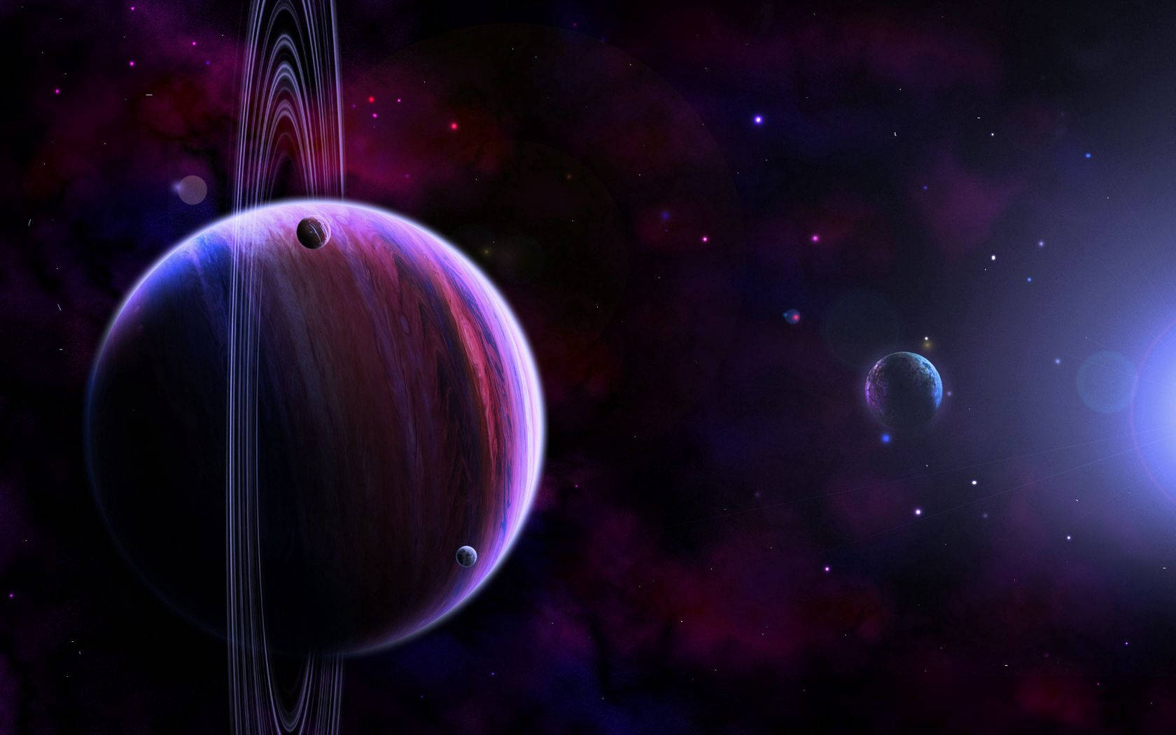 一顆充滿活力的環狀行星，在色彩繽紛的星雲充滿的太空場景中帶有衛星。