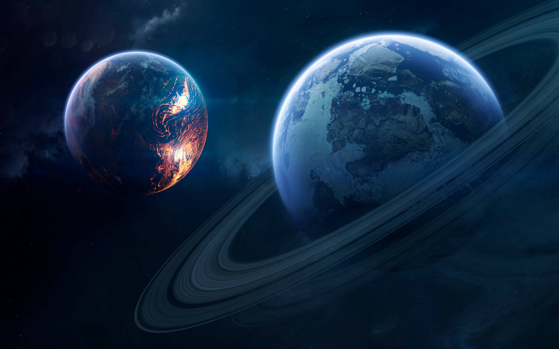 兩顆類地行星，一顆有城市燈光，另一顆有環圈，漂浮在太空中