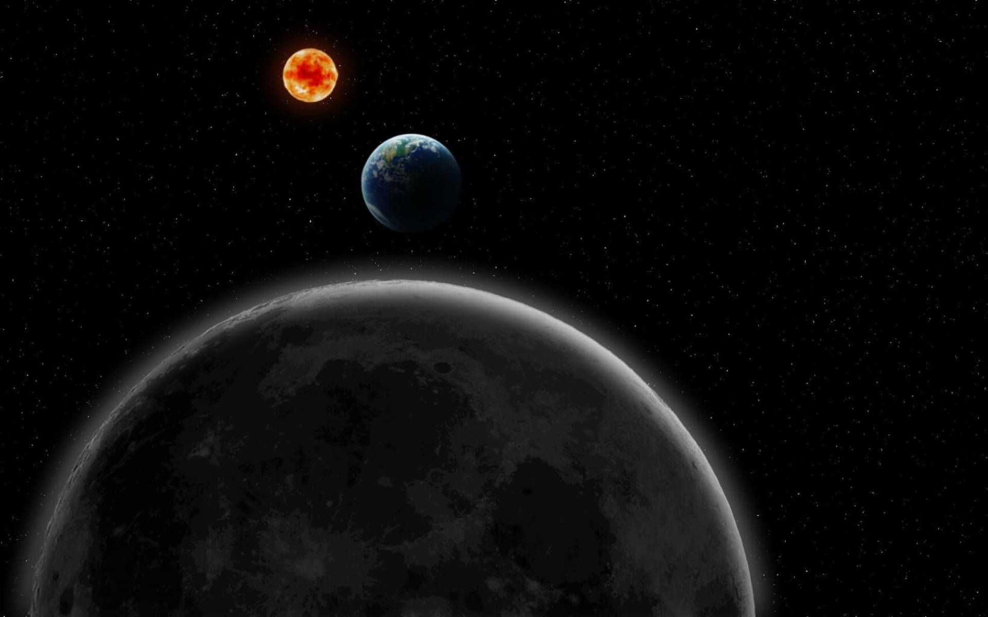 地球與太陽近黑色行星 壁紙 — 宇宙景觀顯示一顆發光的紅星、一顆藍色行星和一顆佈滿隕石坑的月球，背景是星場。