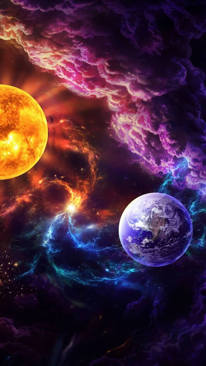 地球與太陽酷炫星系 壁紙 — 一個充滿活力的宇宙場景，發光的太陽和地球漂浮在旋轉的紫色、橙色和藍色星雲中。