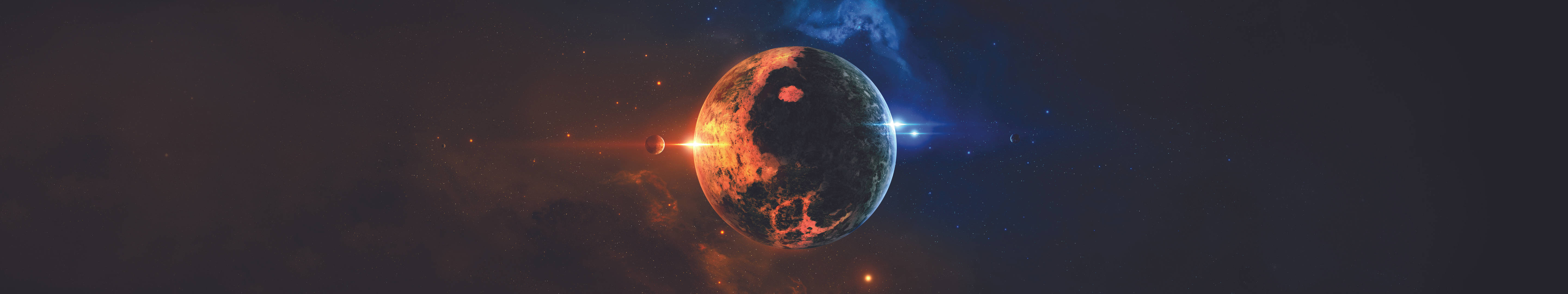 一顆色彩繽紛的行星，在深空中帶有發光的環和星星。
