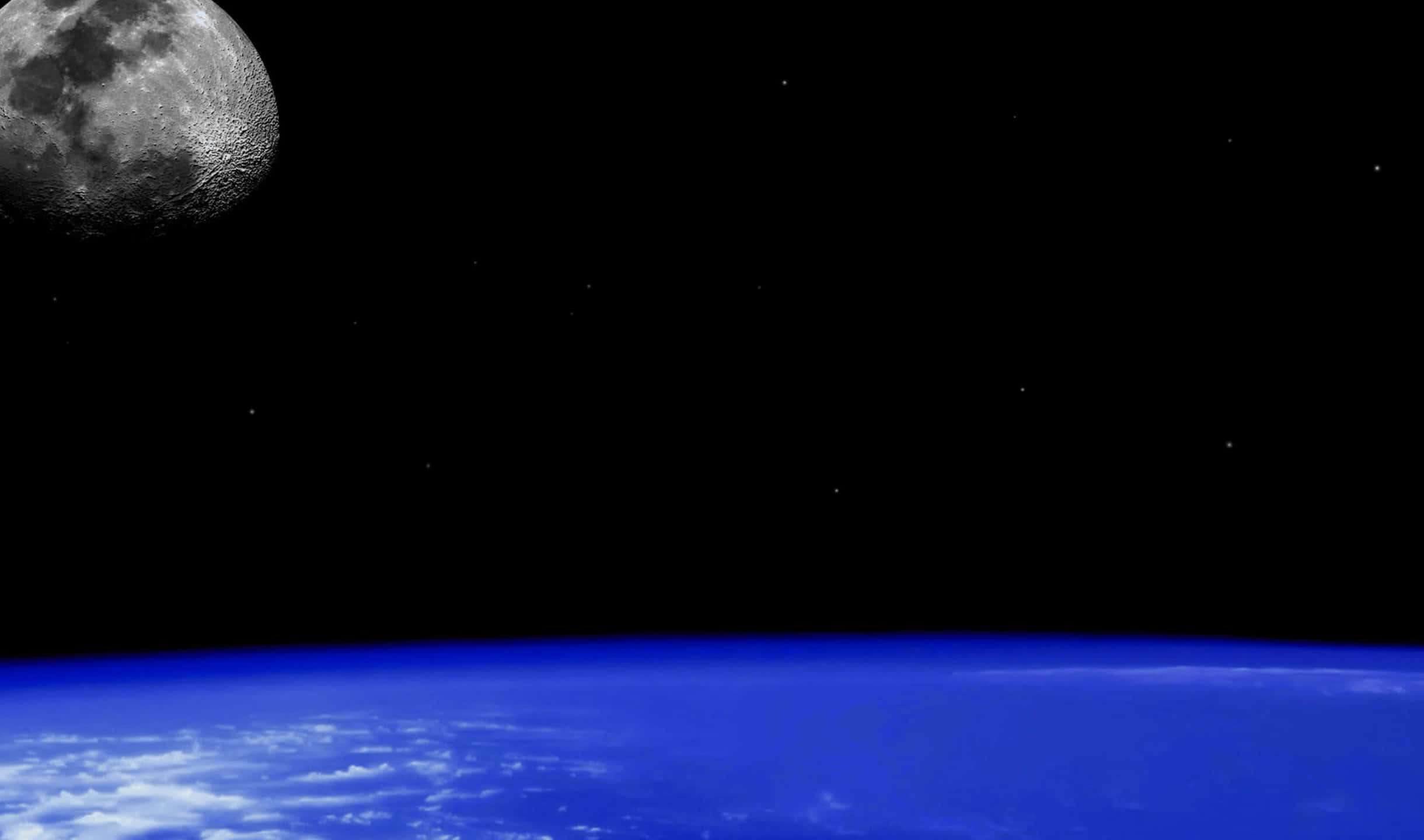 地球與月亮 2440x1440 顯示器背景 壁紙 — 從太空俯瞰地球彎曲的藍色地平線，月球在繁星點點的黑色天空中顯得巨大，令人嘆為觀止。