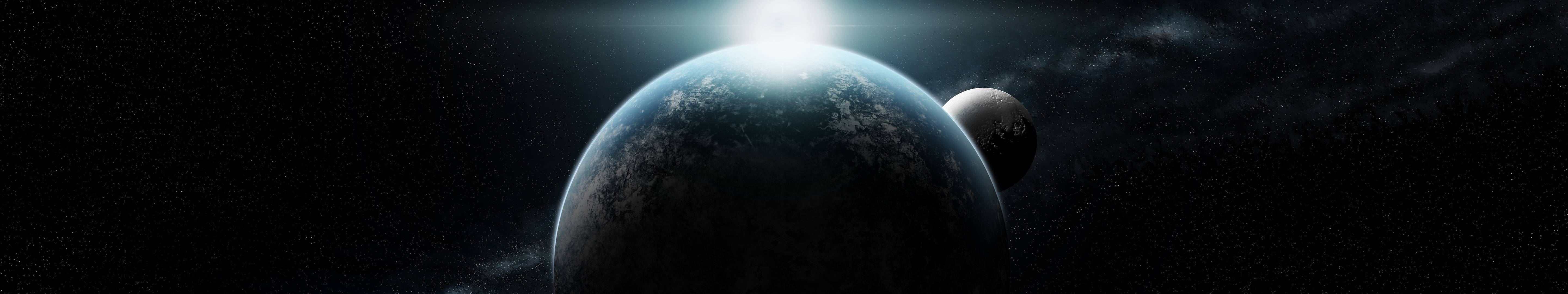 一顆藍色行星，帶有雲層和衛星，在佈滿星辰的太空場景中。