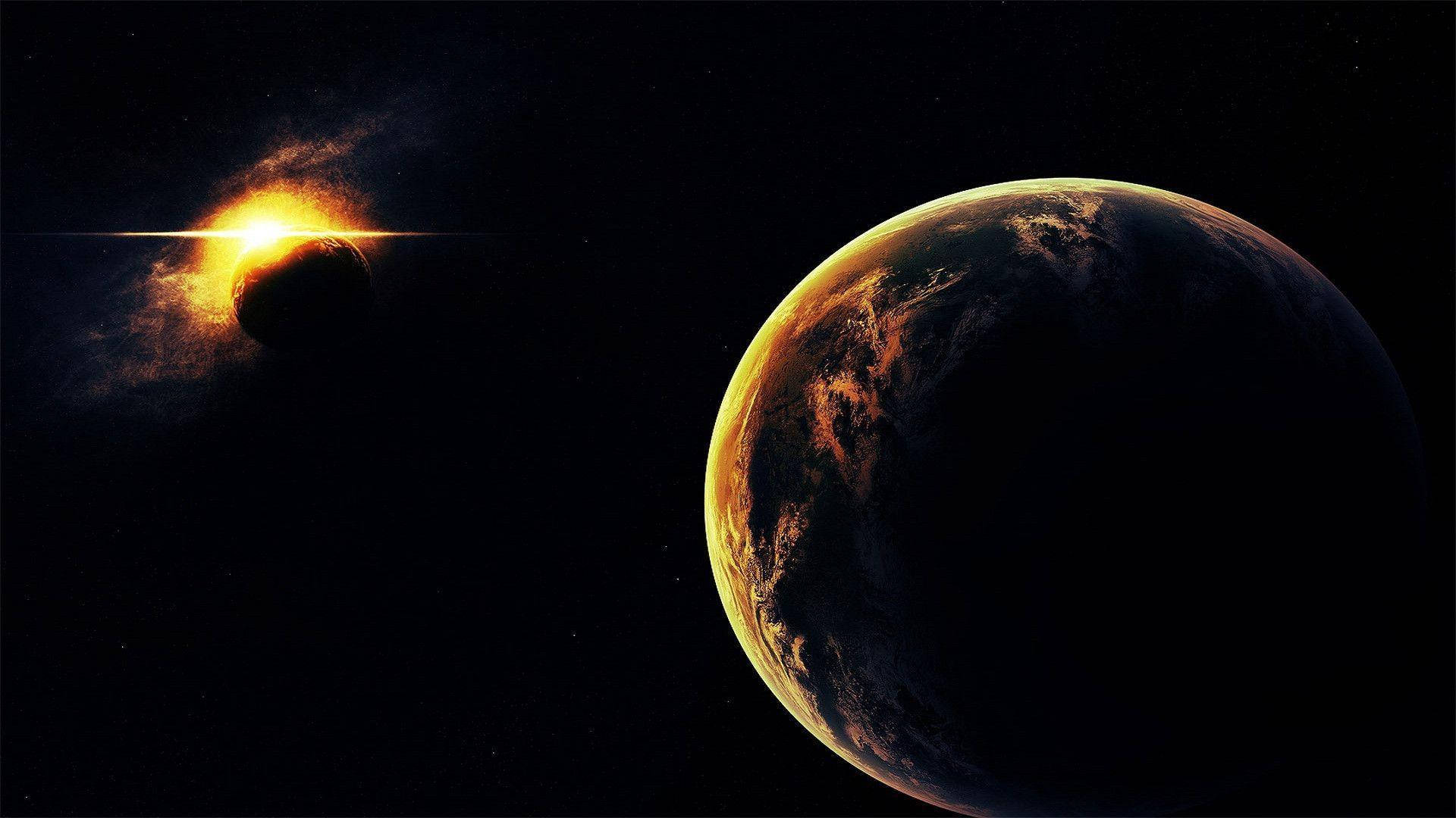 地球與月食 壁紙 — 一顆發光的太陽被一顆帶有熾熱日冕的行星遮蔽，照亮了深空中附近一個類似地球的世界。