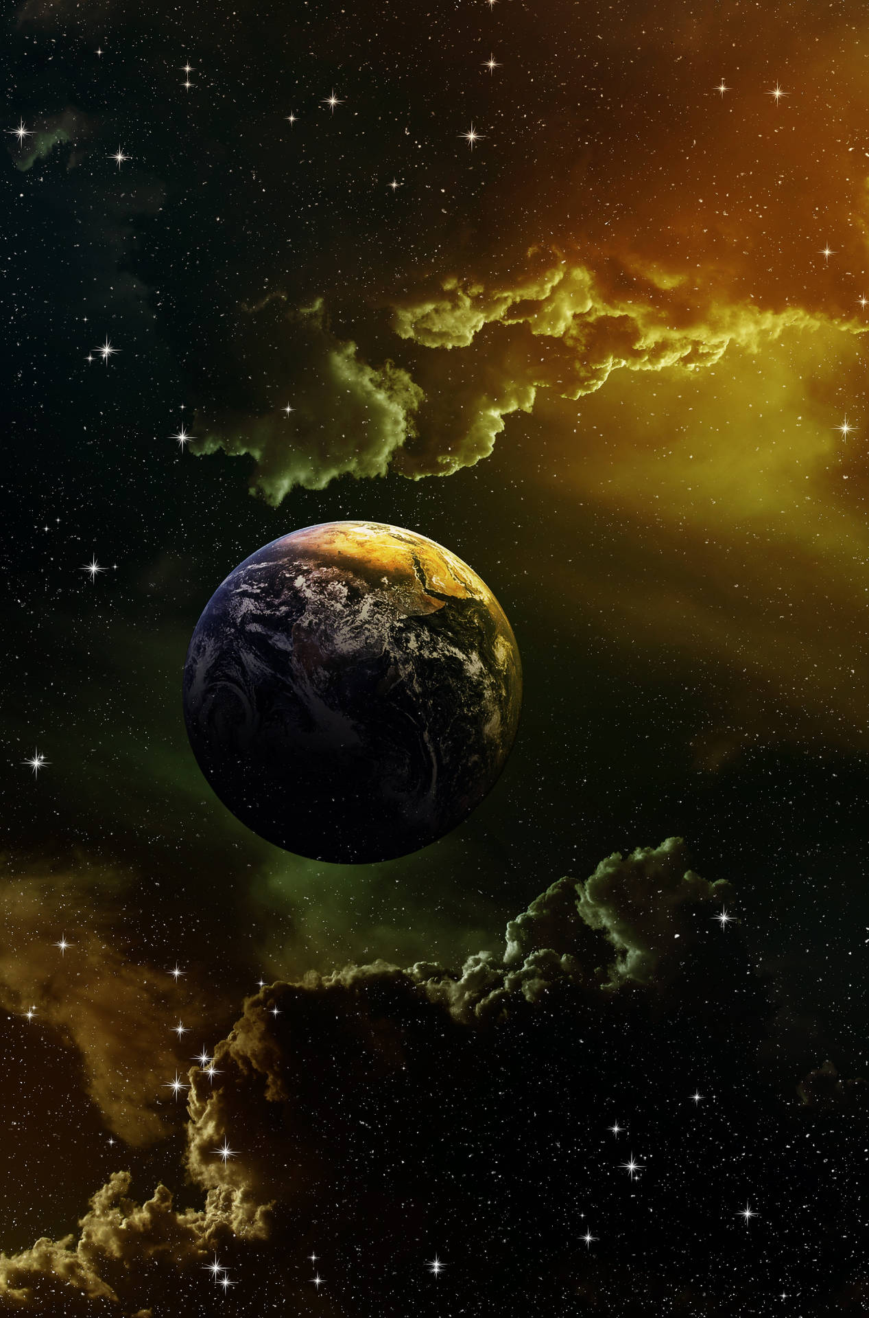 在深空中被色彩繽紛的星雲和閃爍星星包圍的行星地球。