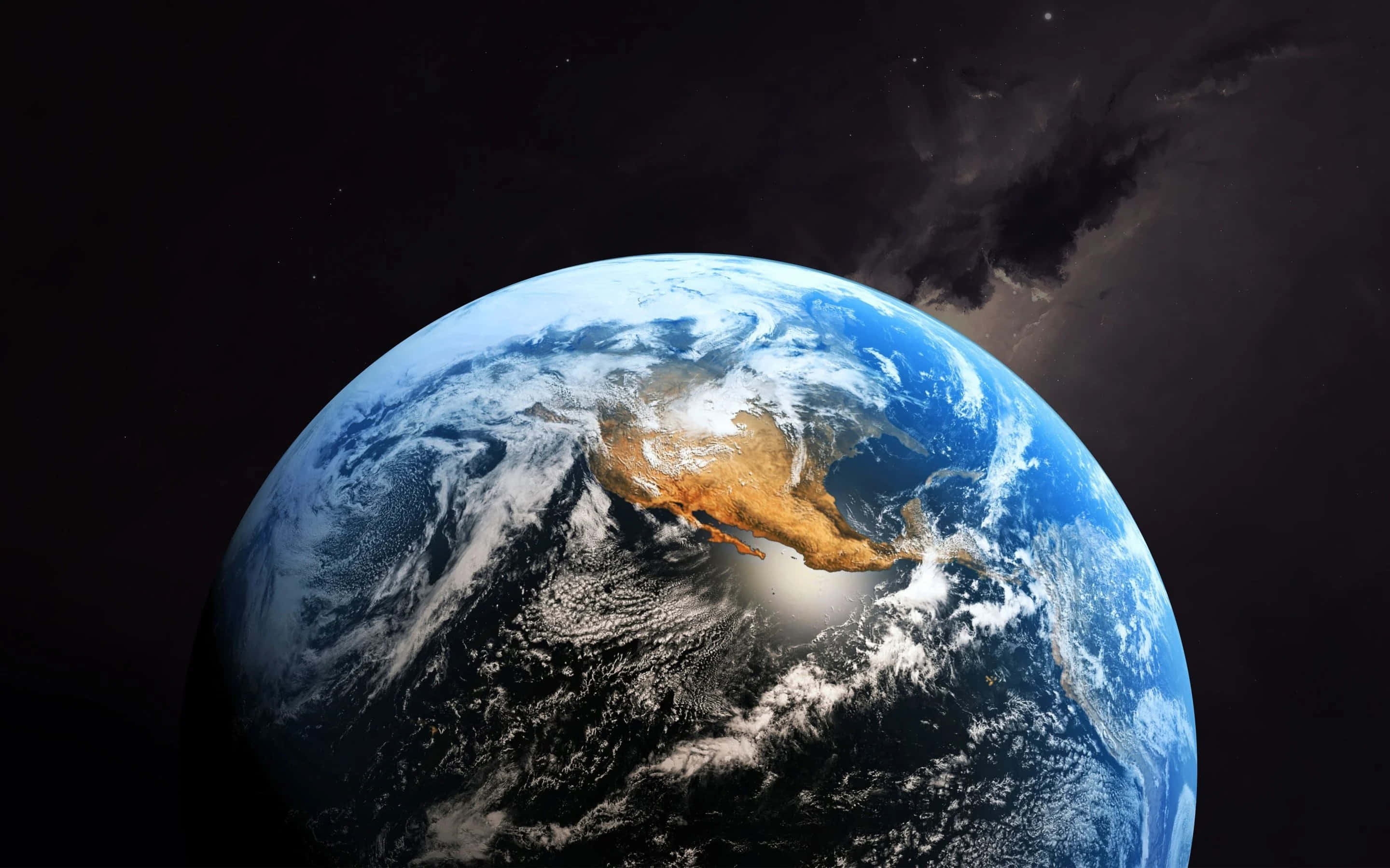 地球荒蕪地區背景 壁紙 — 從太空俯瞰地球的壯麗景色，顯示北美洲被旋轉的藍色海洋和白色雲層環繞，背景是繁星點點的黑色虛空。