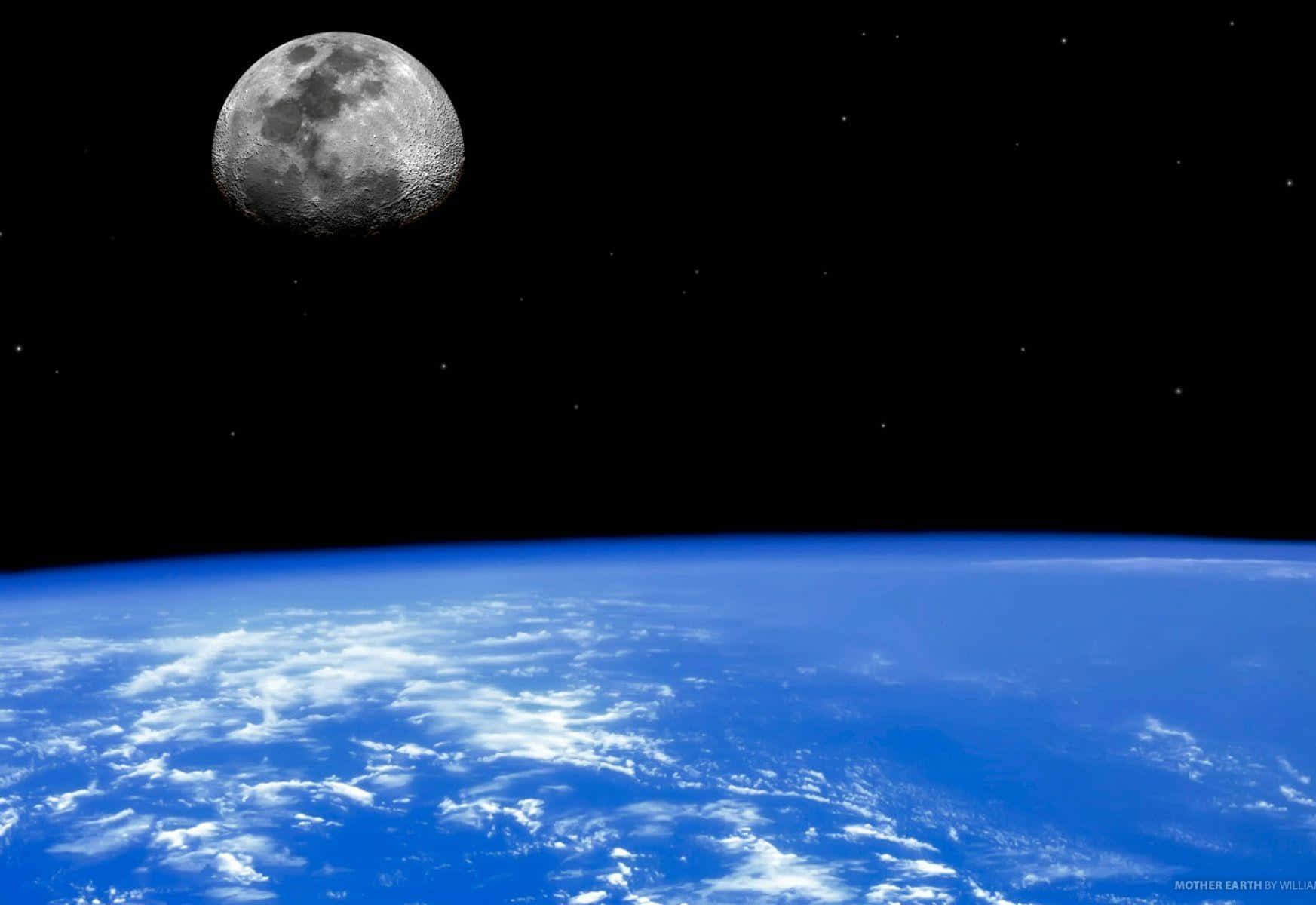 Beautiful Space 桌布 壁紙 — 地球藍色彎曲地平線的壯麗景色，伴隨著旋轉的白雲和細節豐富的灰色月亮，漂浮在繁星點點的黑夜之上。