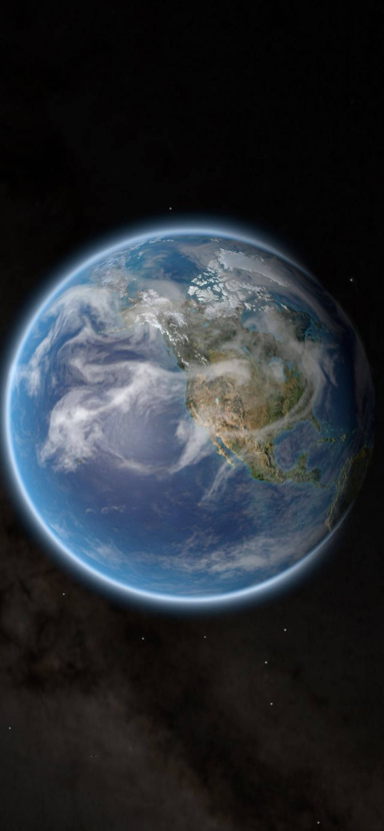 地球行星 iOS 16 壁紙 — 從太空俯瞰地球的壯麗景色，展現北美洲上空旋轉的雲層，以及黑色太空虛空中閃耀的藍色大氣層。