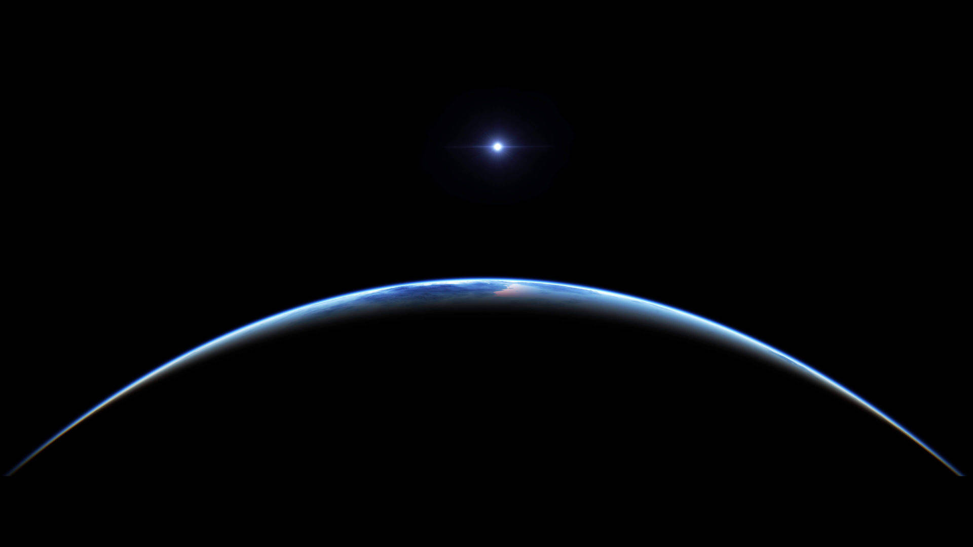 彎曲的地球地平線在黑色太空中發出藍光，上方有一顆明亮的星星。 — 4K太空 壁紙