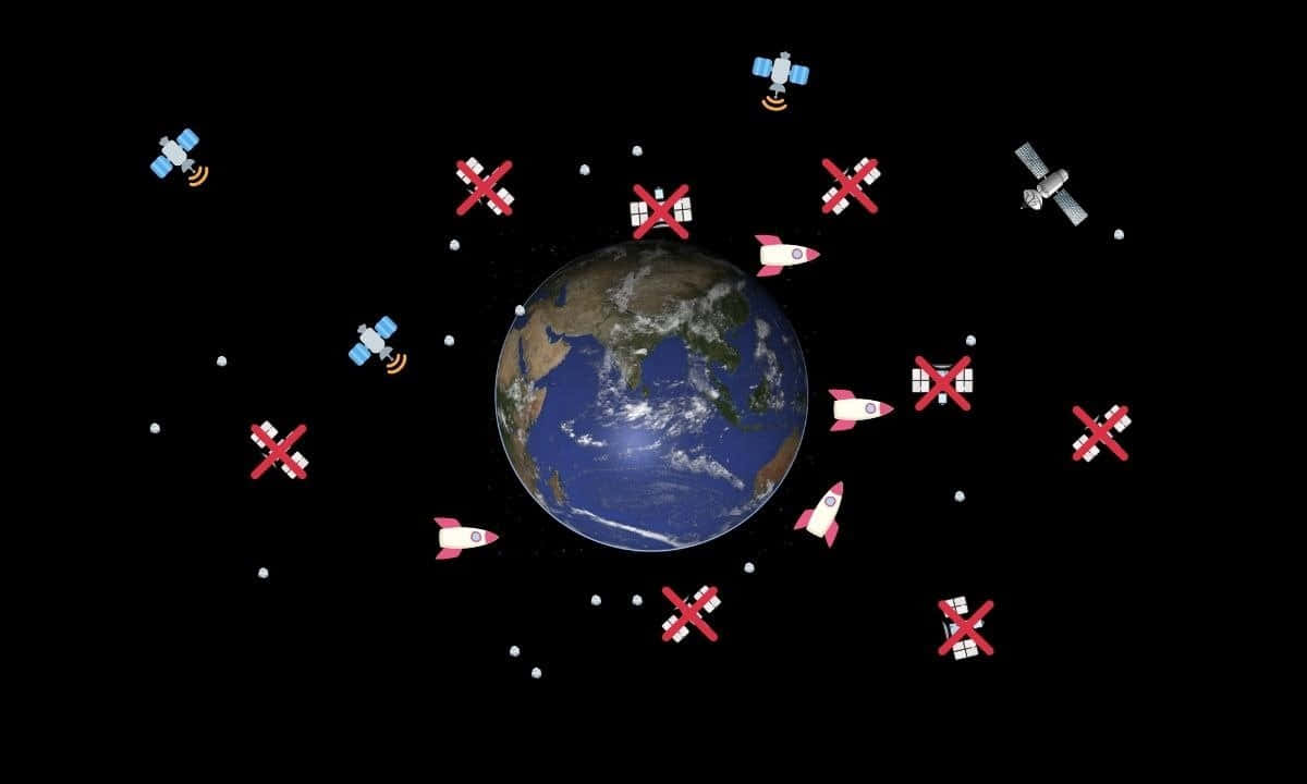 Space Debris 桌布 壁紙 — 地球被環繞運行的衛星和火箭包圍，背景是沒有星星的黑色太空。