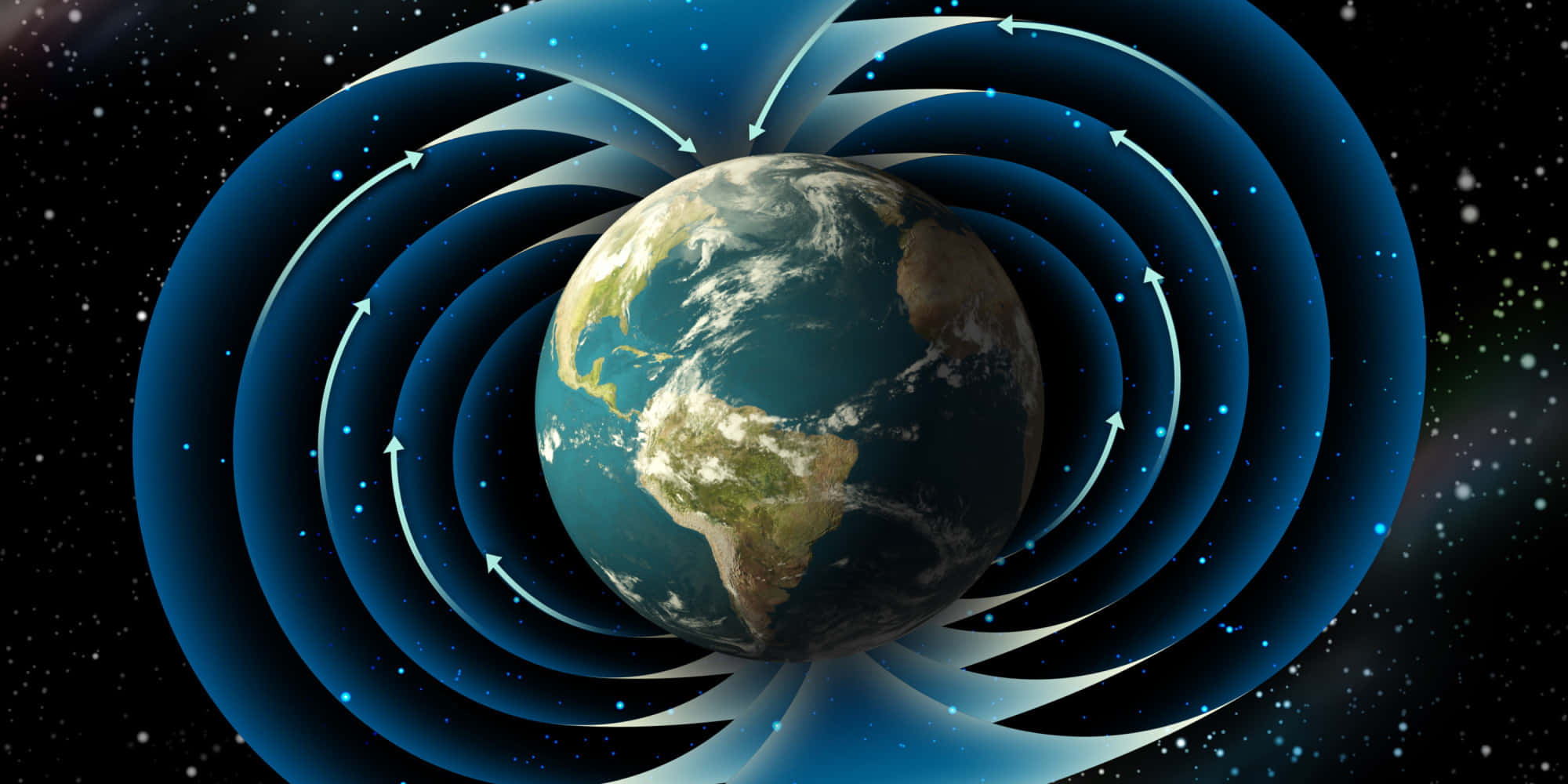 Magnetic Field 桌布 壁紙 — 地球被發光的藍色磁場線包圍，背景是星光璀璨的宇宙。