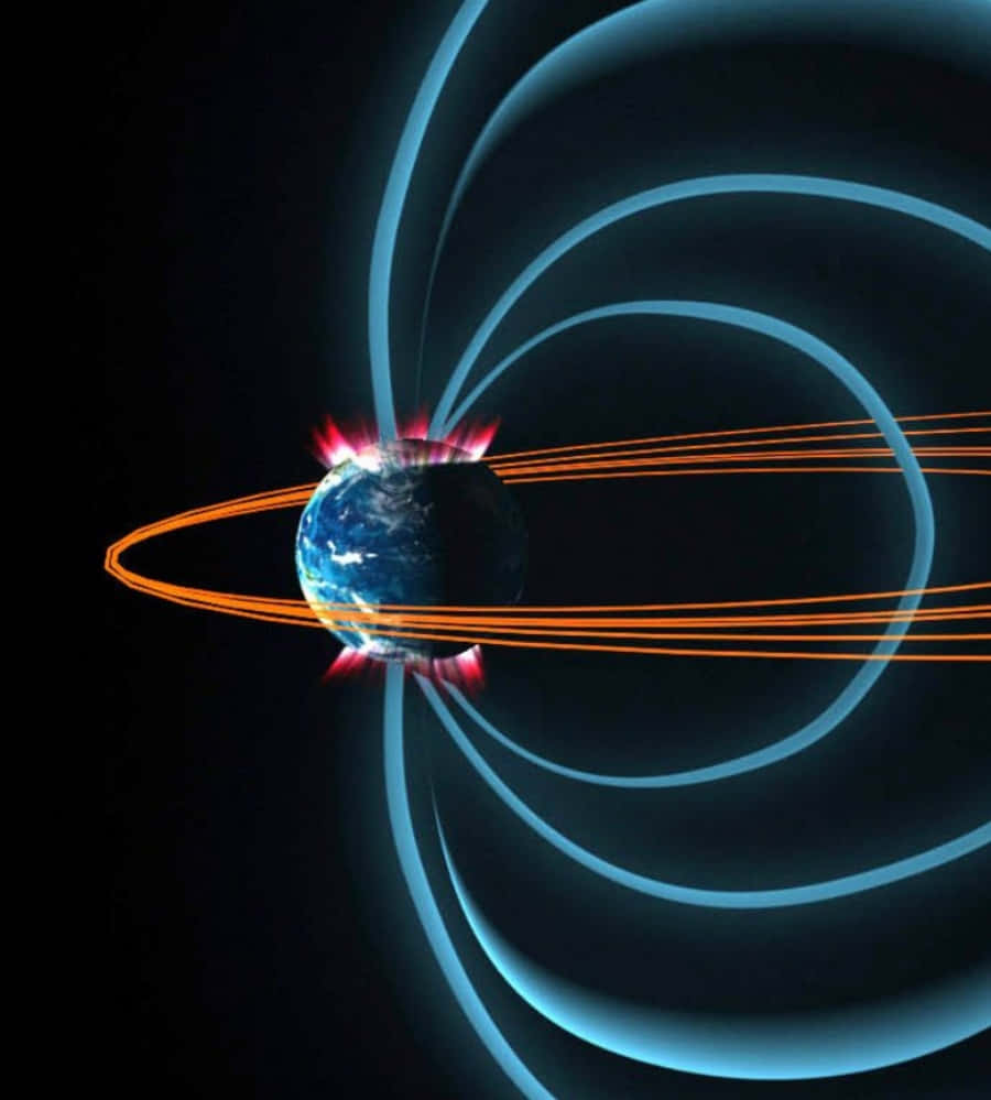 Magnetic Field 桌布 壁紙 — 地球被發光的藍色磁場線和熾熱的橙色太陽風流包圍，背景是黑色太空。