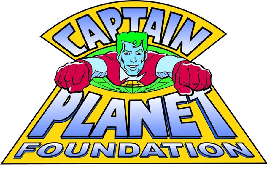 地球超人基金會 壁紙 — Captain Planet 標誌，綠色頭髮的英雄穿著紅色套裝，從地球上方黃色盾牌中衝出。