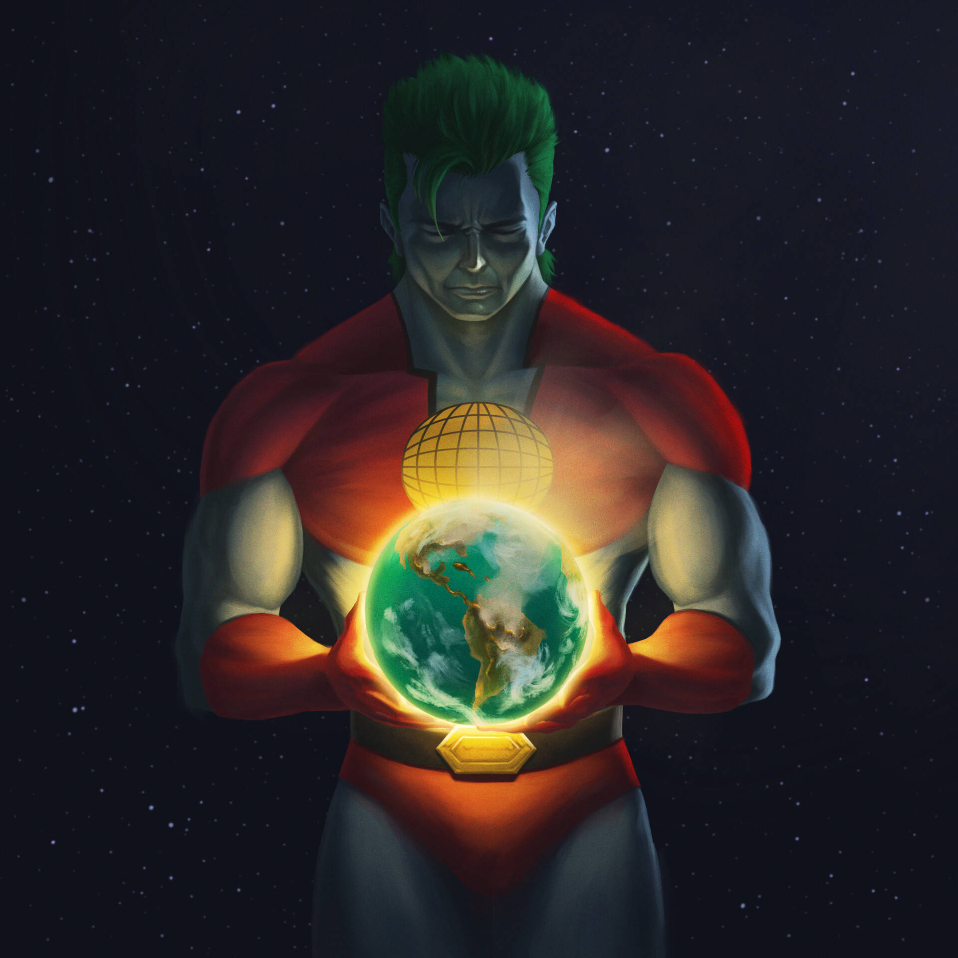 地球超人手持地球 壁紙 — 一個肌肉發達、綠髮的超級英雄，在星空宇宙背景下懷抱著發光的地球。
