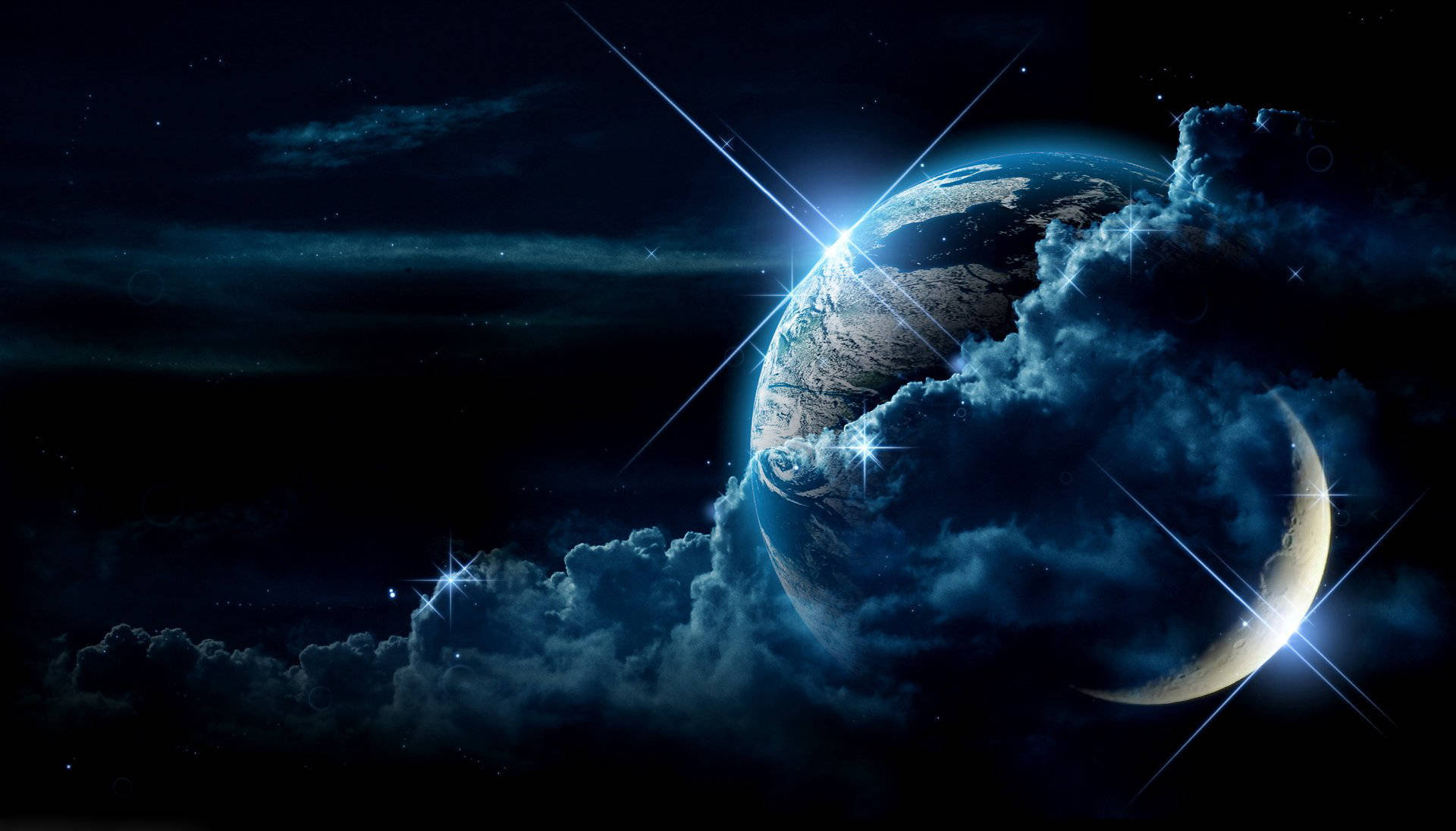 藍色行星和彎月在繁星點點的夜空中與宇宙雲一起發光。
