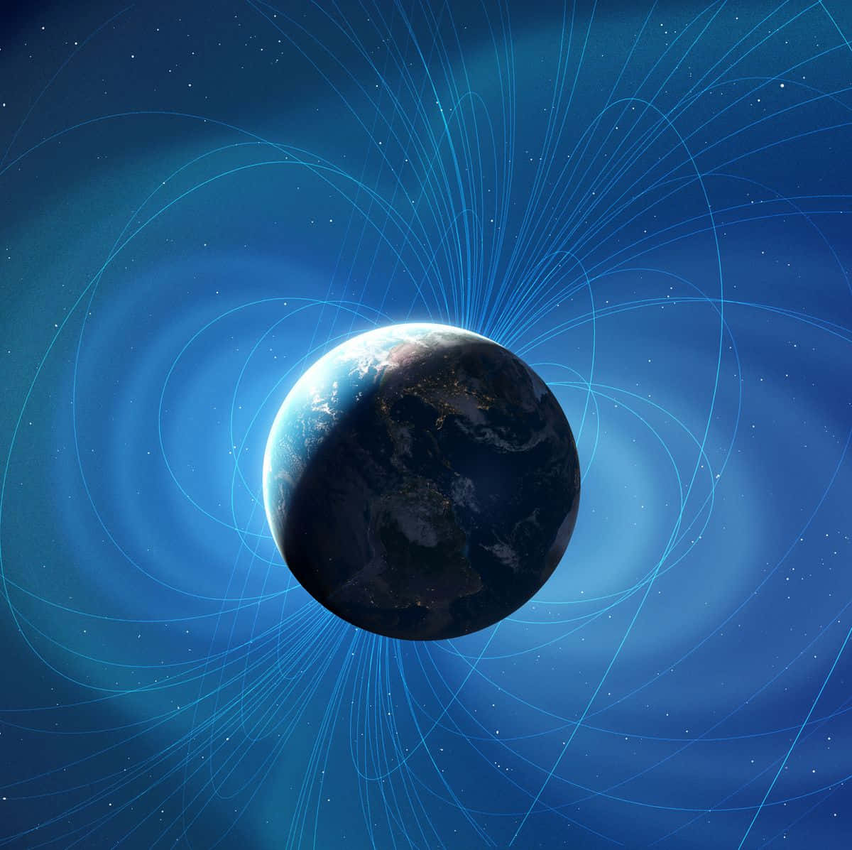 Magnetic Field 桌布 壁紙 — 地球閃耀著城市燈光，鮮豔的藍色磁場線在繁星宇宙背景下環繞地球旋轉。